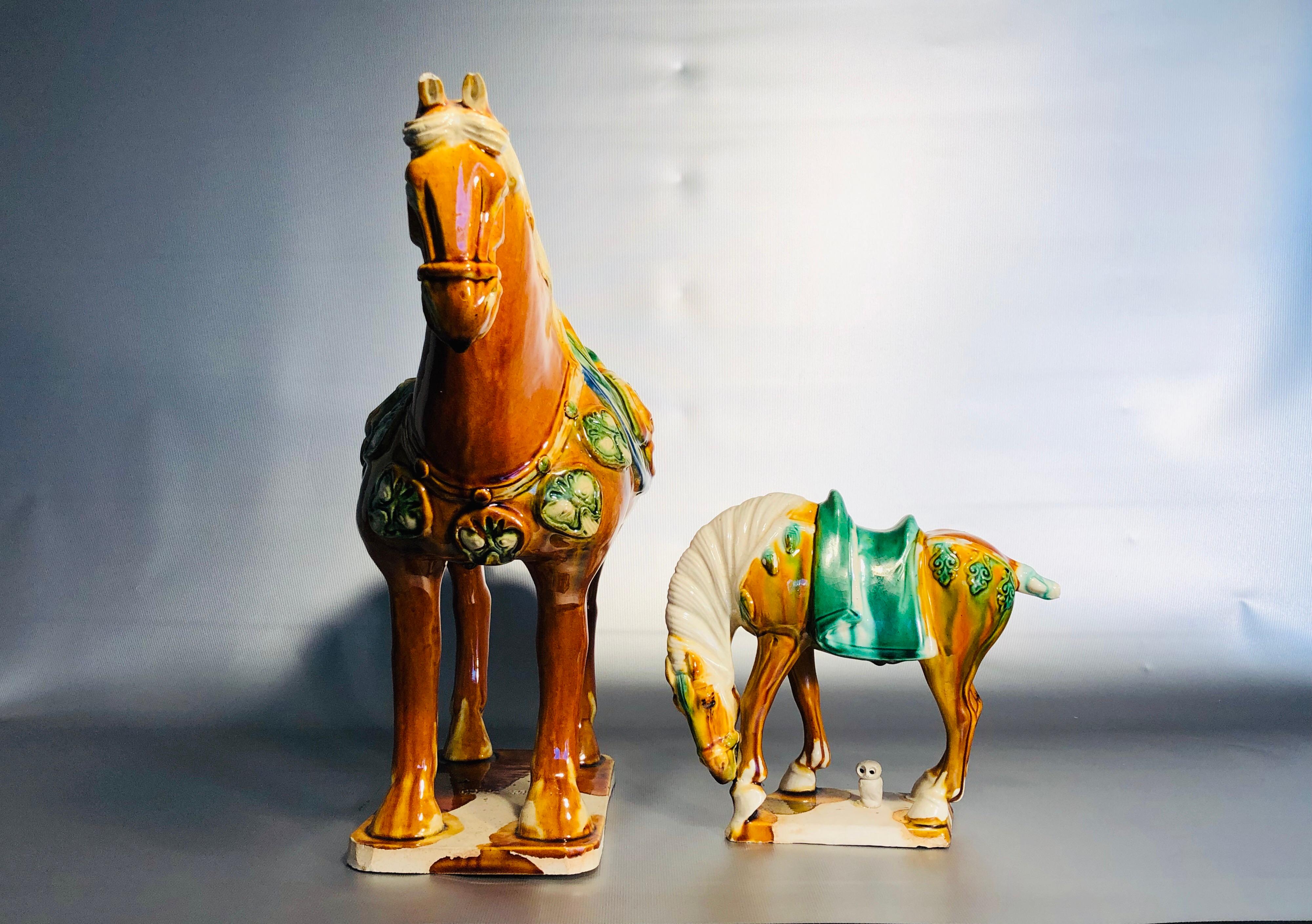 Hand-Crafted Two Tang Sancai Glazed Ceramic Horses, Stamped