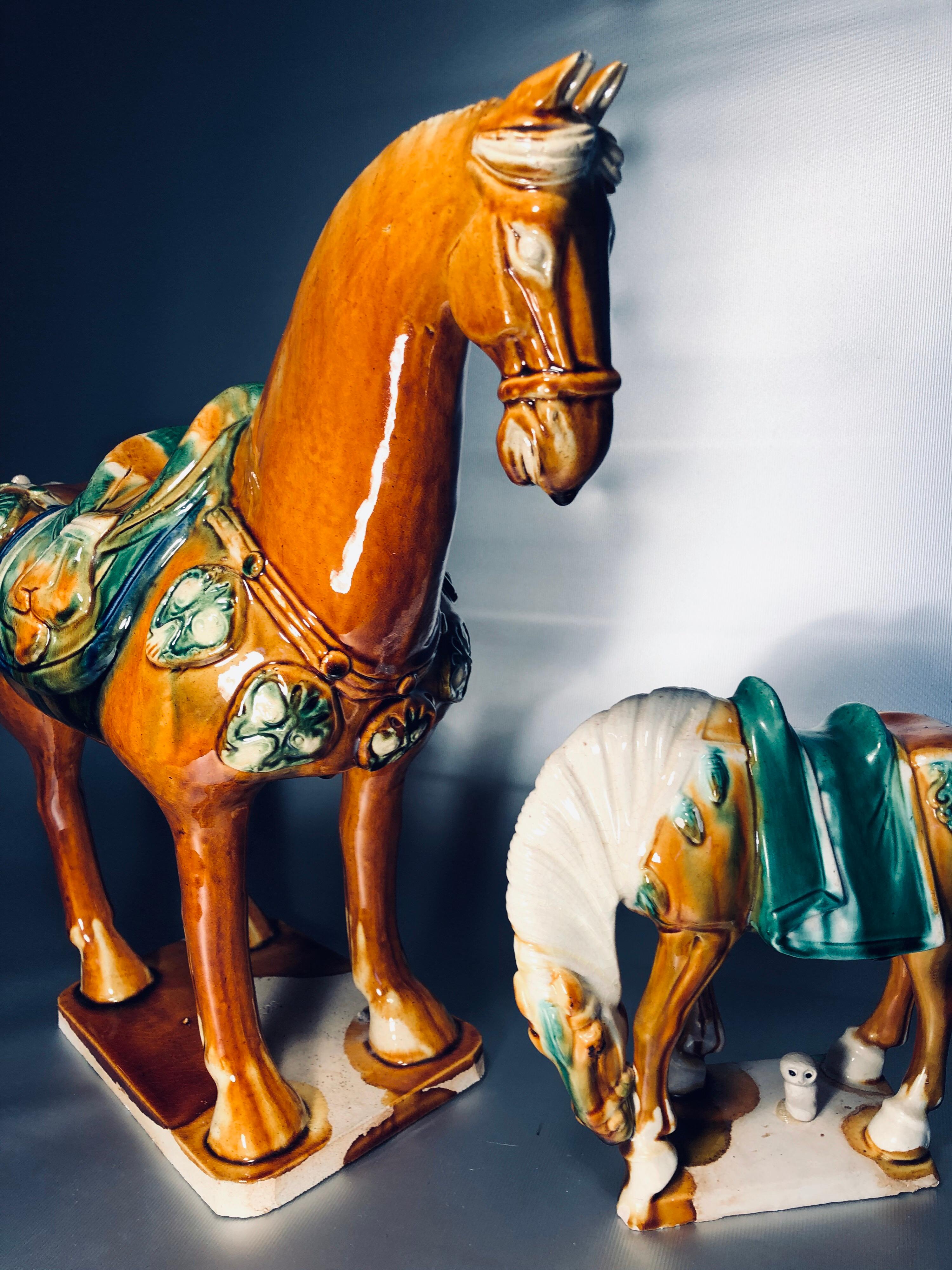 Two Tang Sancai Glazed Ceramic Horses, Stamped In Good Condition In Sofia, BG