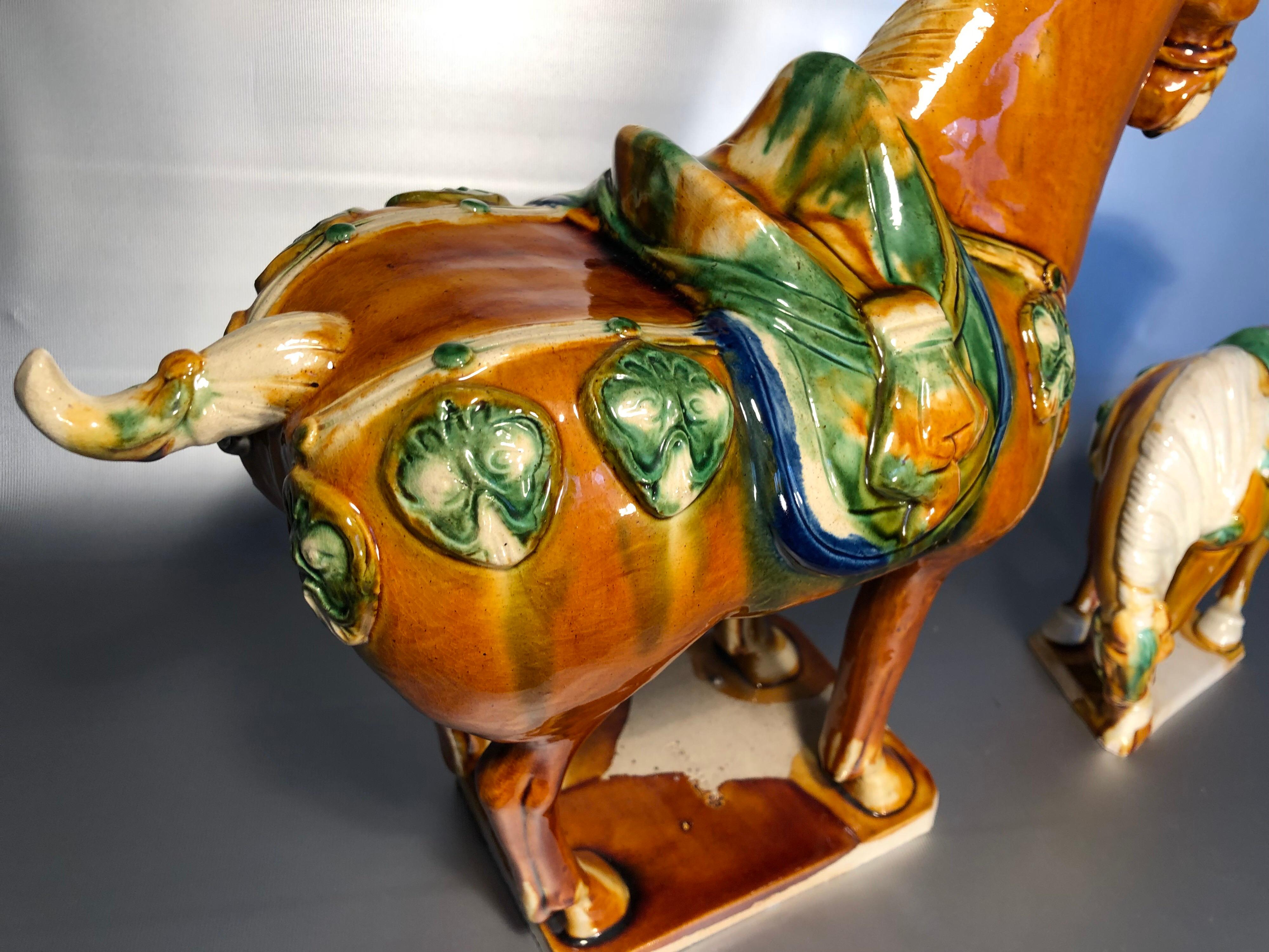 20th Century Two Tang Sancai Glazed Ceramic Horses, Stamped