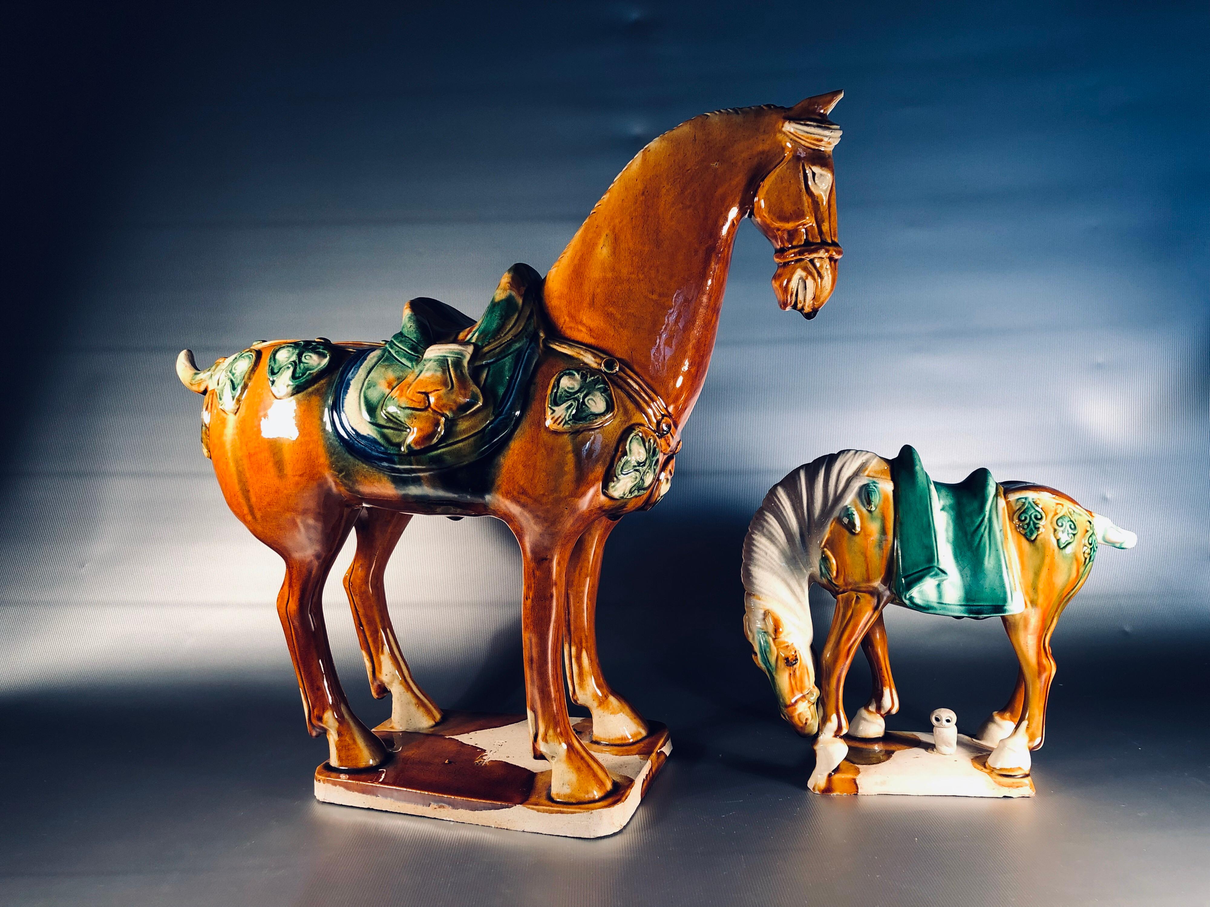Two Tang Sancai Glazed Ceramic Horses, Stamped 3