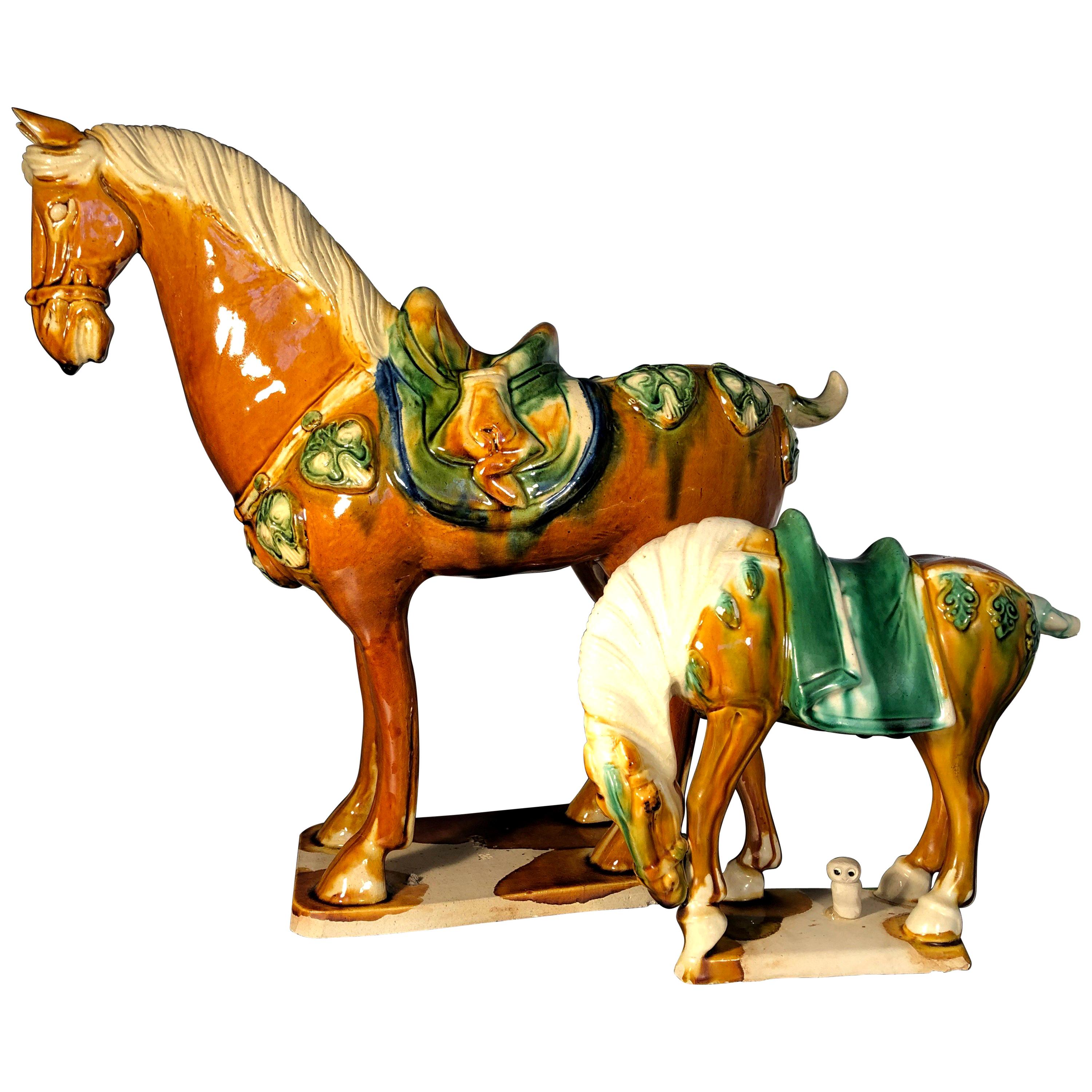 Two Tang Sancai Glazed Ceramic Horses, Stamped