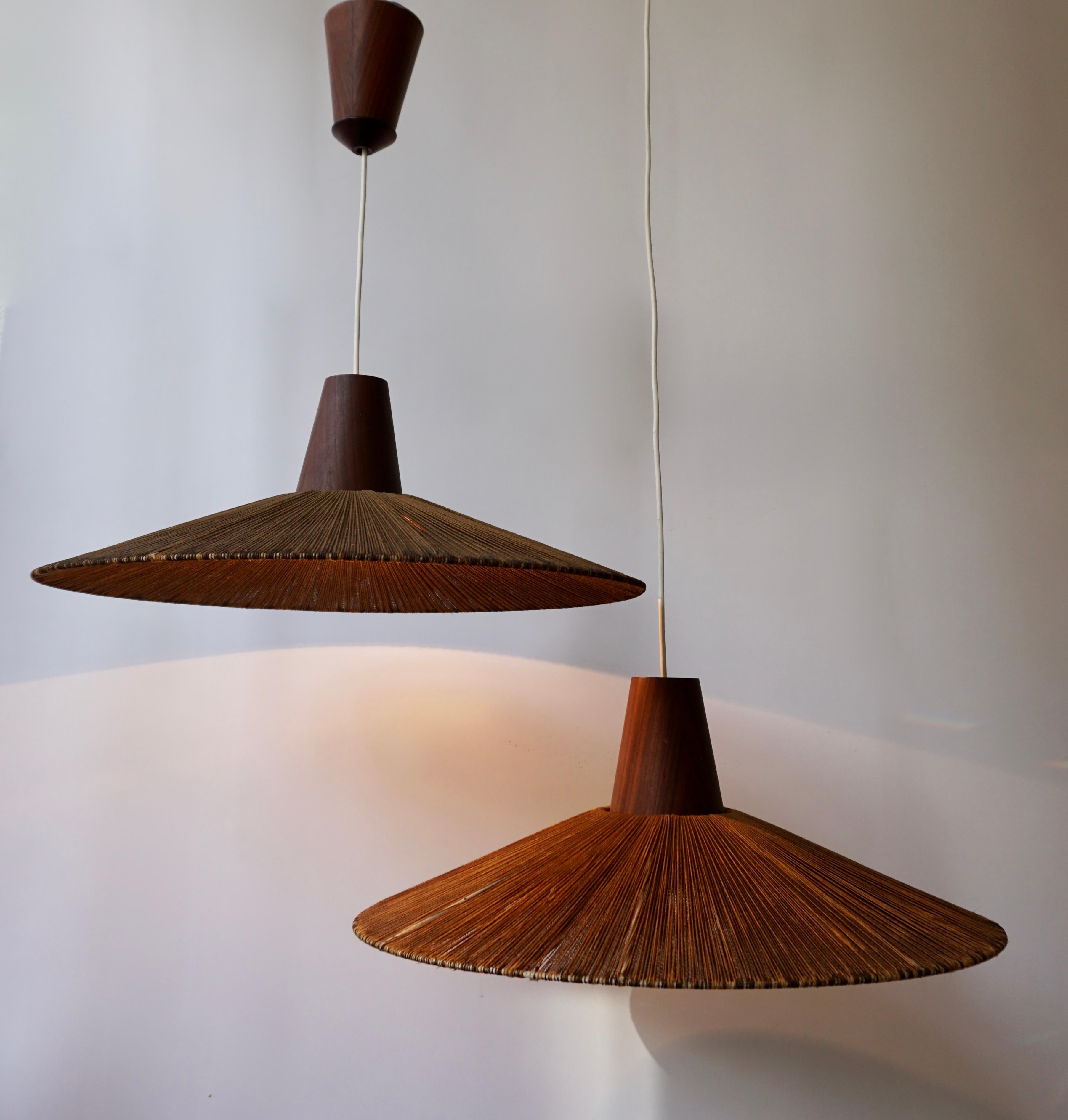 Italian Two Teak and Cord Shade Hanging Lamps