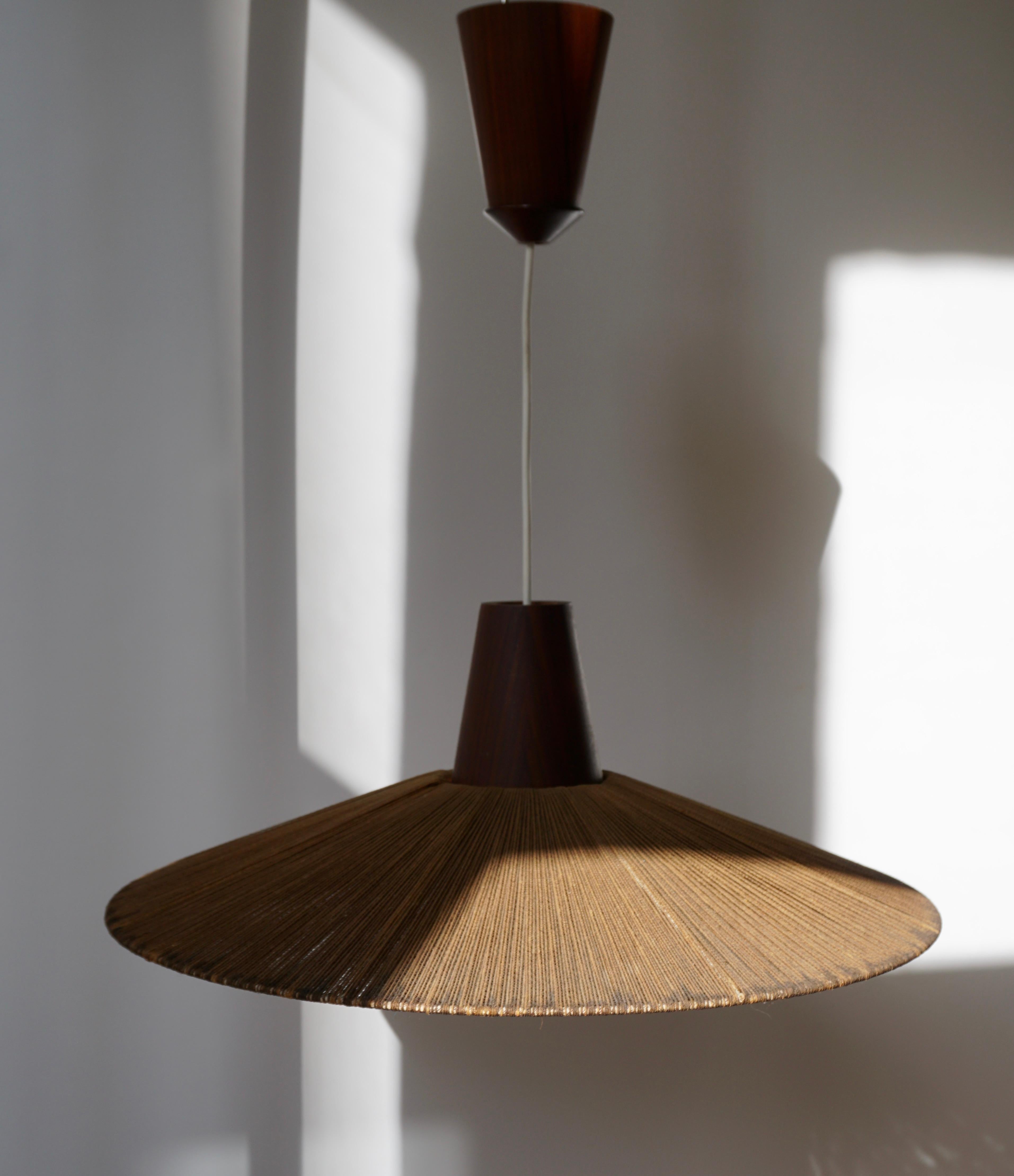 20th Century Two Teak and Cord Shade Hanging Lamps