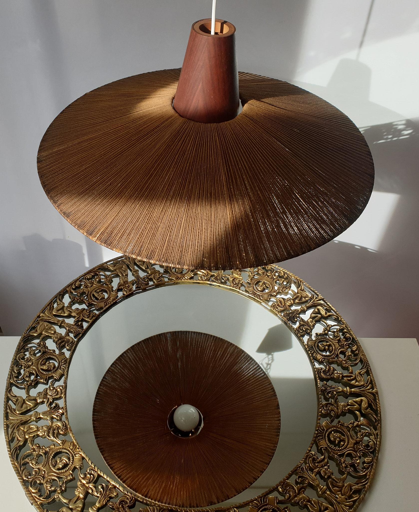 Two Teak and Cord Shade Hanging Lamps In Good Condition In Antwerp, BE
