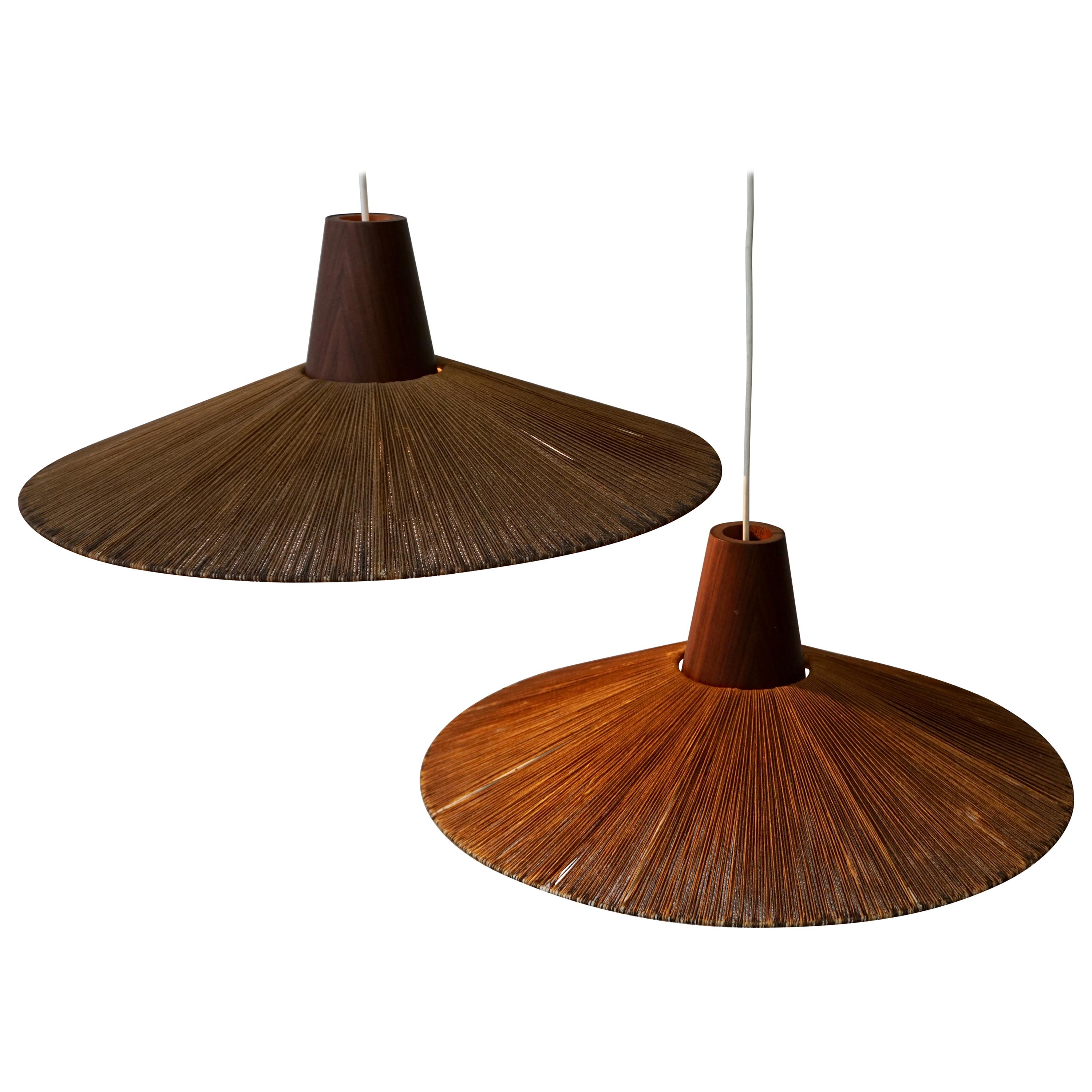 Two Teak and Cord Shade Hanging Lamps