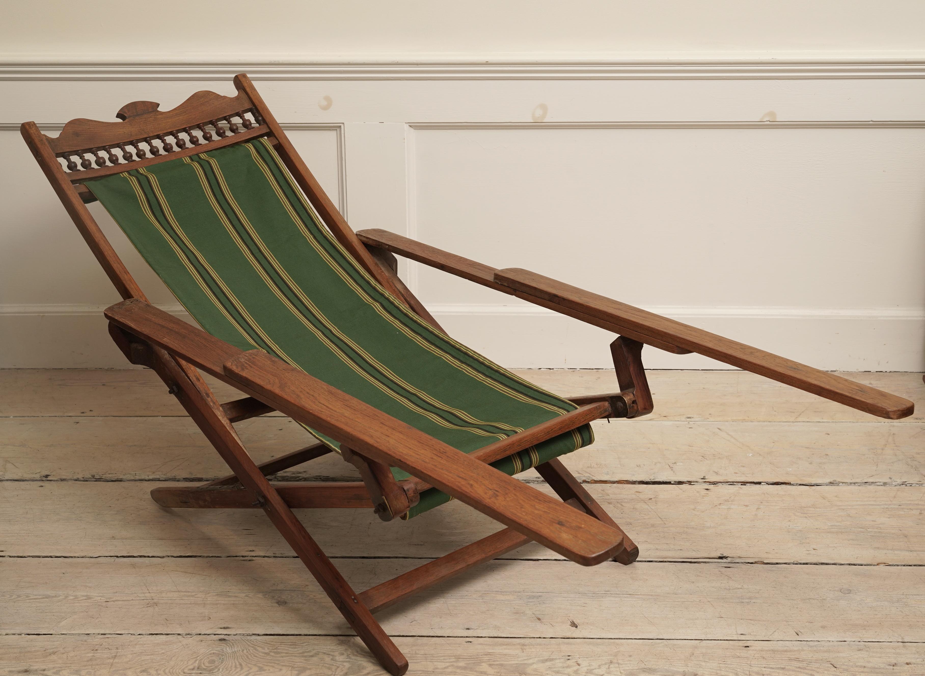 Two Teak Folding Canvas Adjustable Chairs, British Colonial 4