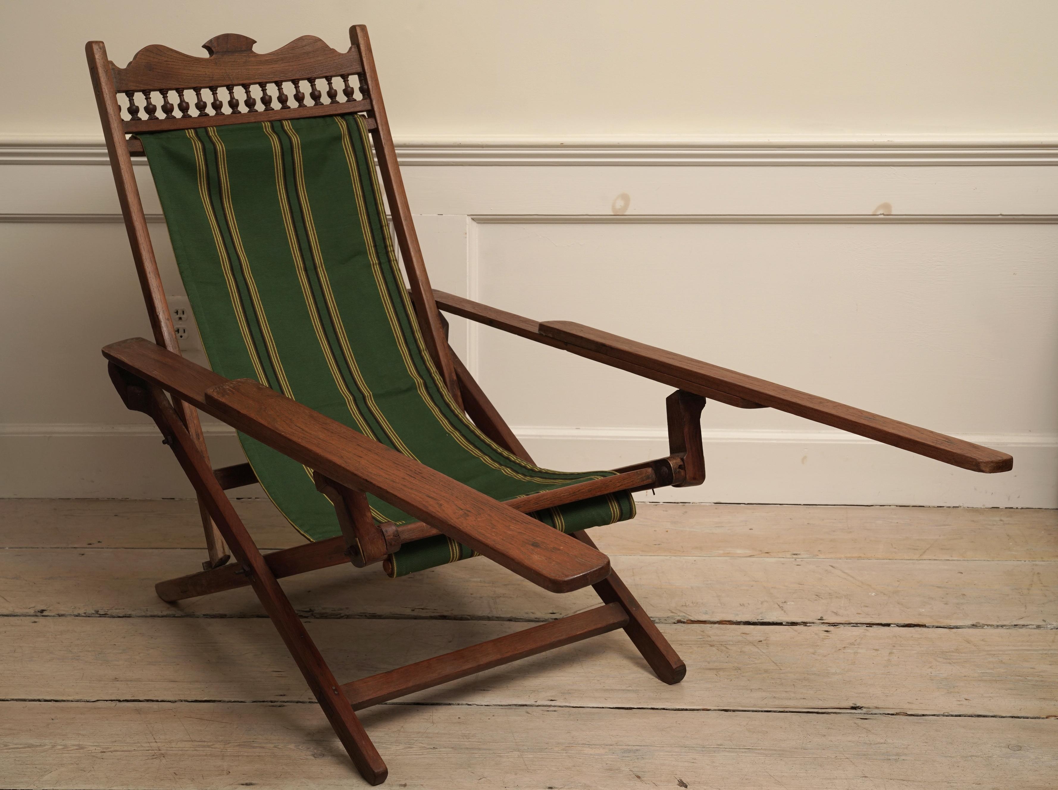 Two Teak Folding Canvas Adjustable Chairs, British Colonial 1