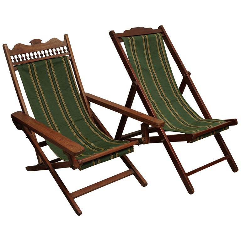 Two Teak Folding Canvas Adjustable Chairs, British Colonial at 1stDibs