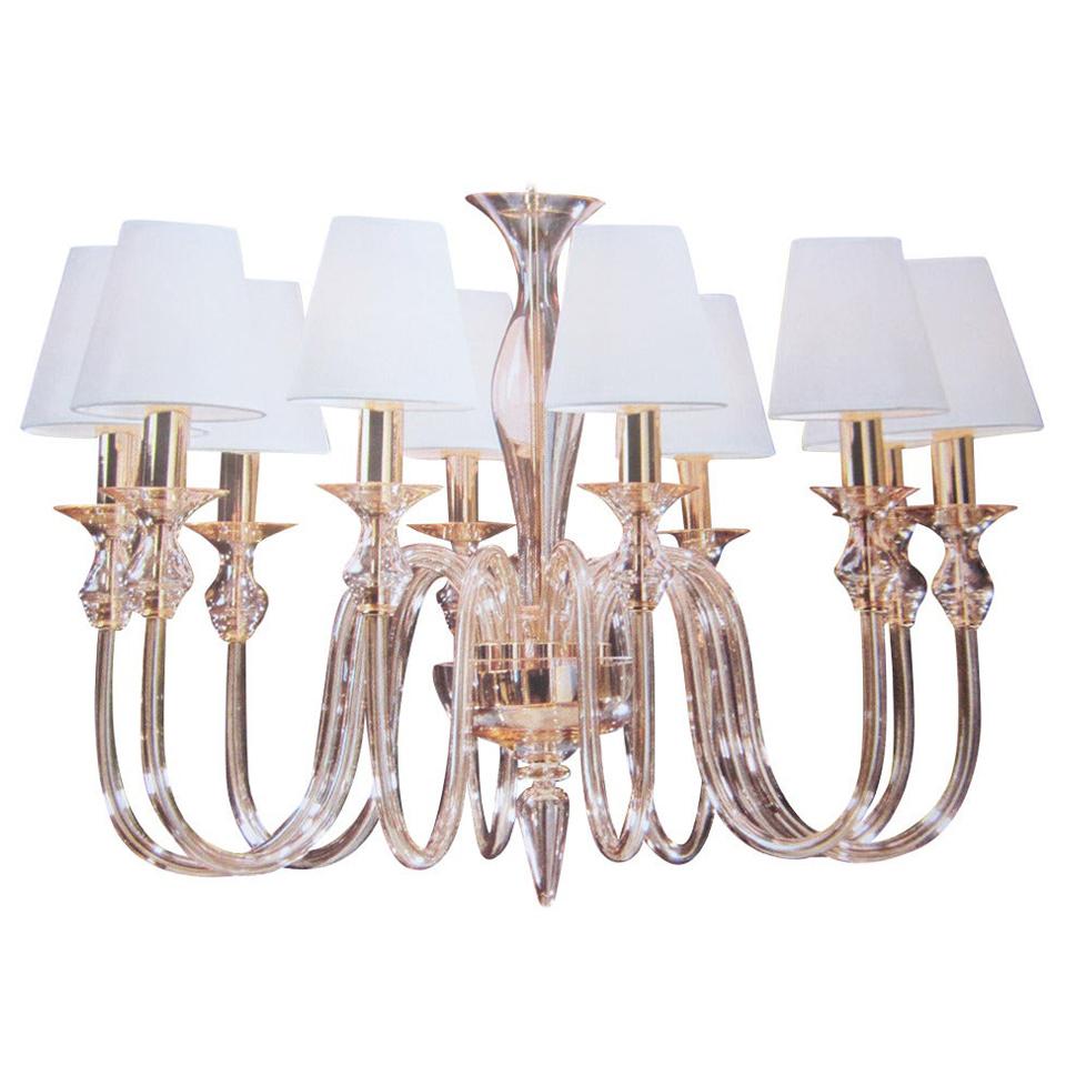 Two Ten-Arm Clear Murano Glass & Brass Modern Neoclassical Chandeliers For Sale