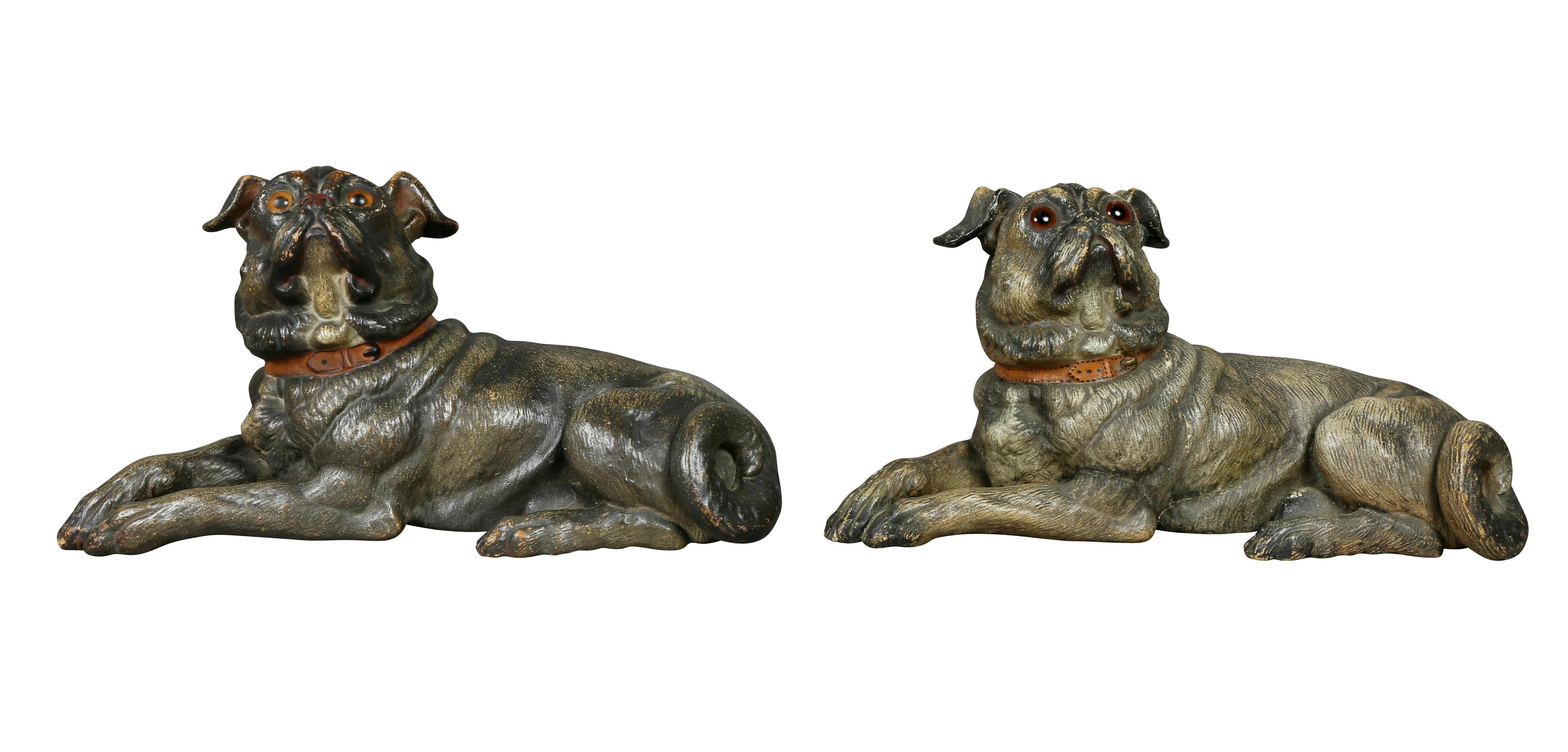 German Two Terracotta Figures of Reclining Pug Dogs