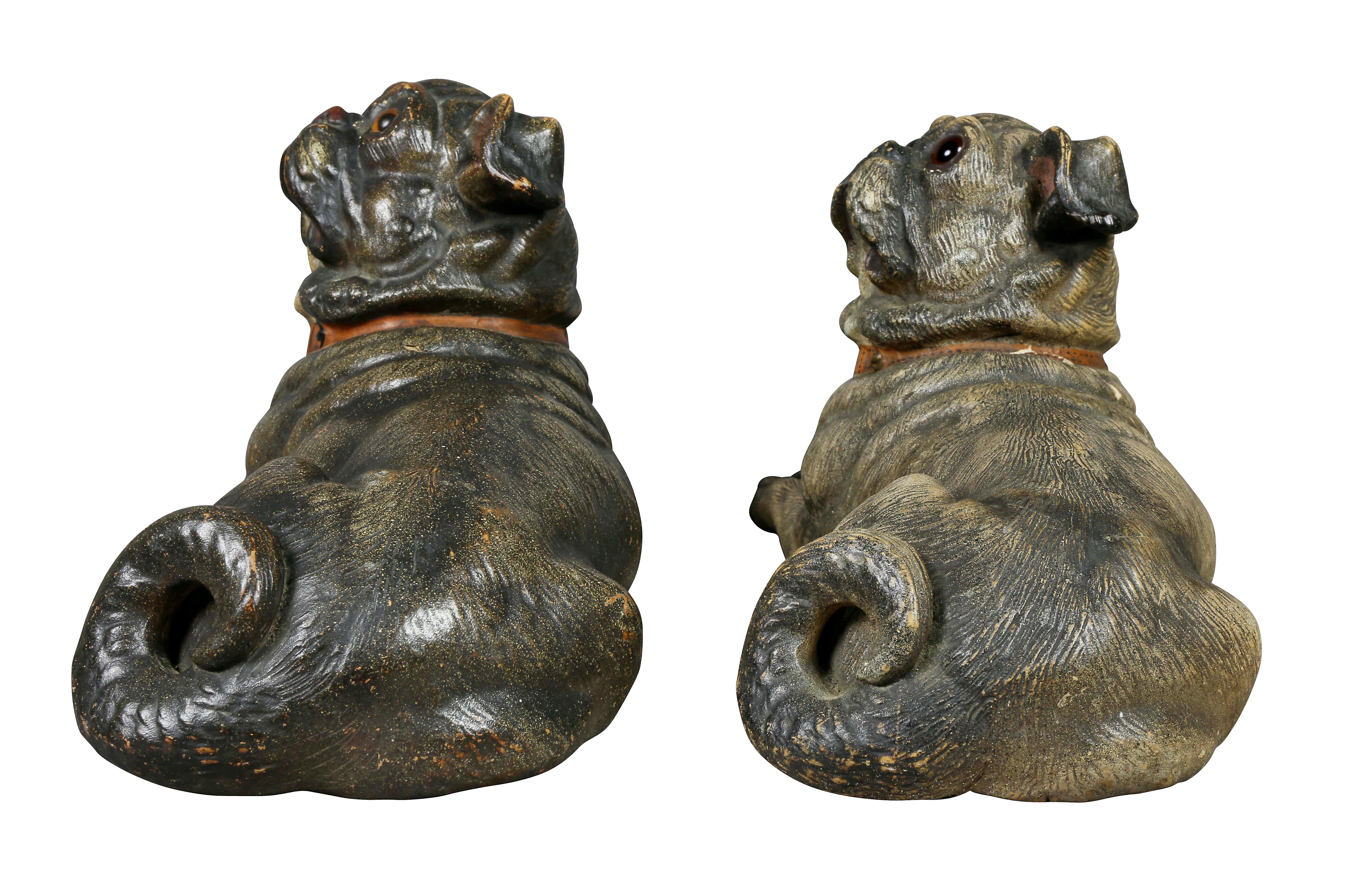 19th Century Two Terracotta Figures of Reclining Pug Dogs
