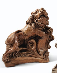 Two Terracotta Lions with Shields, French, Mid-18th Century