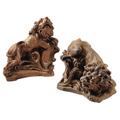 Two Terracotta Lions with Shields, French, Mid-18th Century