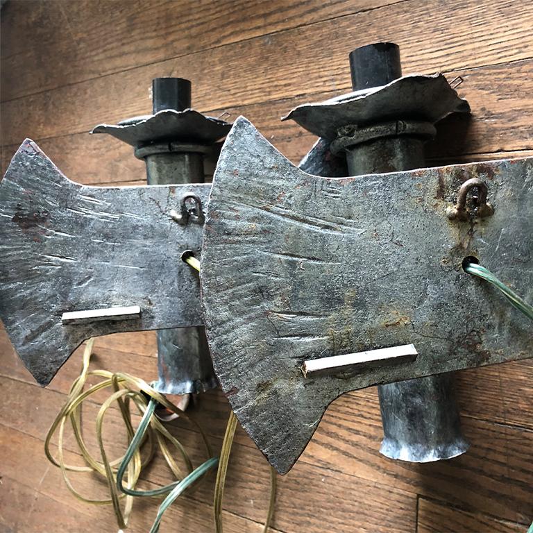 Early 20th Century Two Textured Hard Wired Brutalist Art Deco Italian Burst Flame Sconces in Iron For Sale