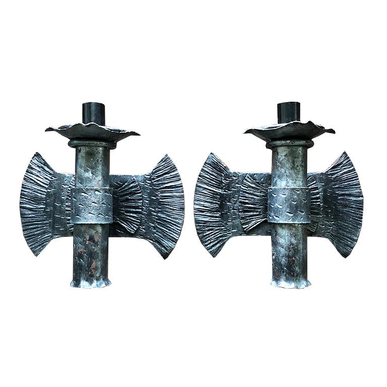 Two Textured Hard Wired Brutalist Art Deco Italian Burst Flame Sconces in Iron For Sale