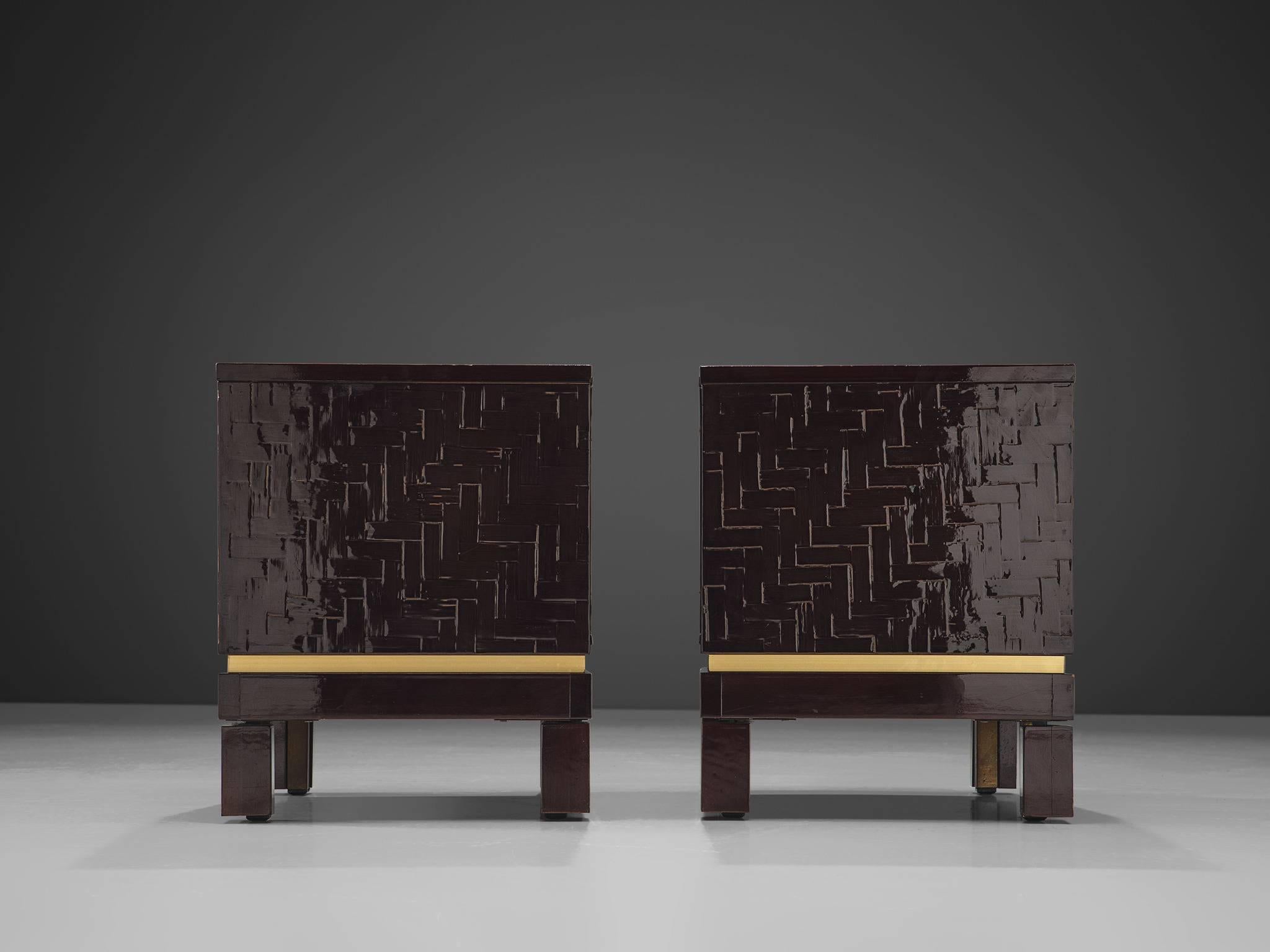 Chinoiserie Two Textured Nightstands with Laquered Surface
