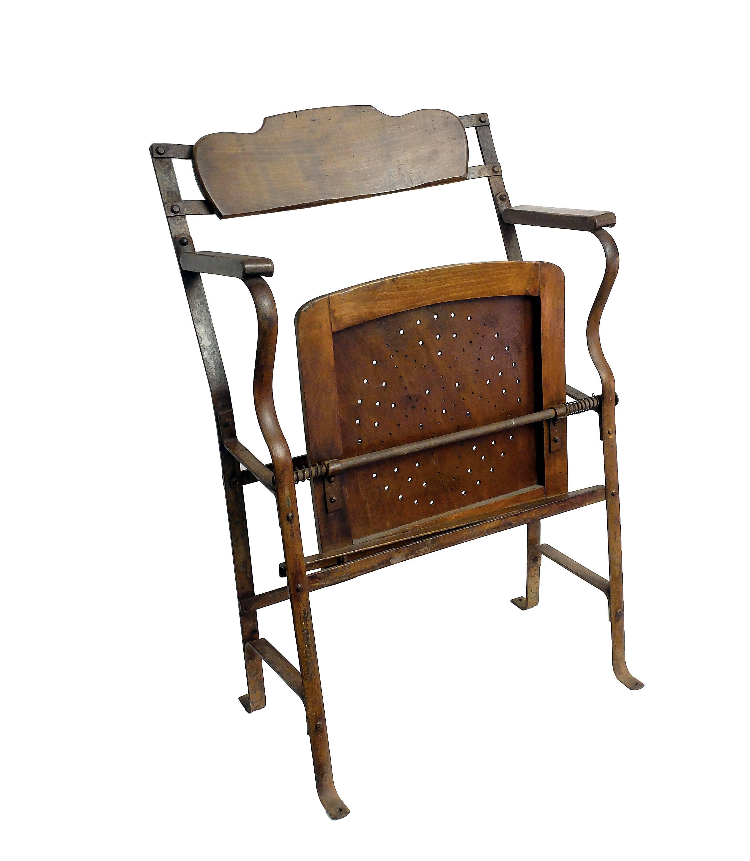 Early 20th Century Two Theatre Chairs, Wood and Iron, France, circa 1920