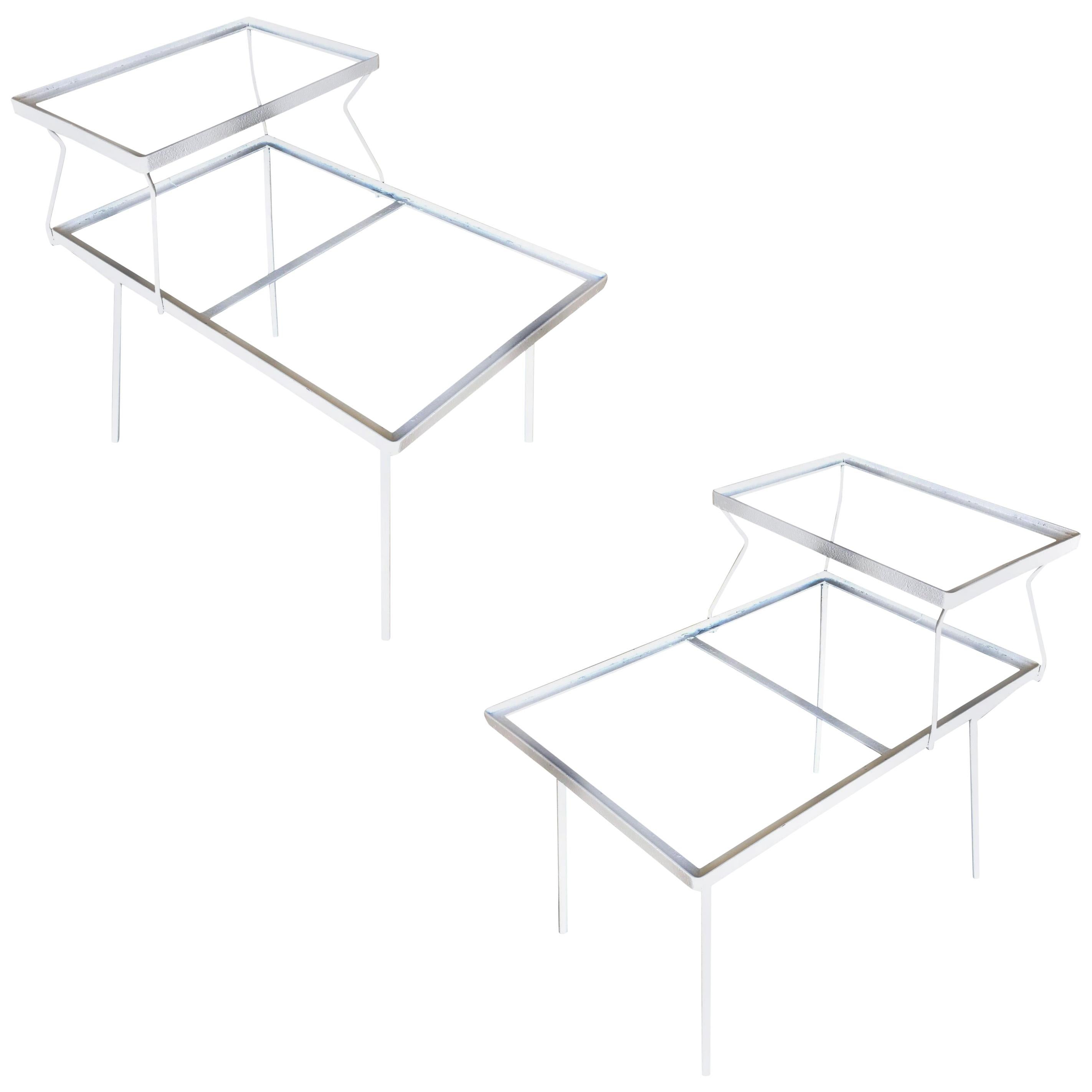 Two-Tier Art Deco Glass Top Outdoor/Patio Side Table Pair by Woodard