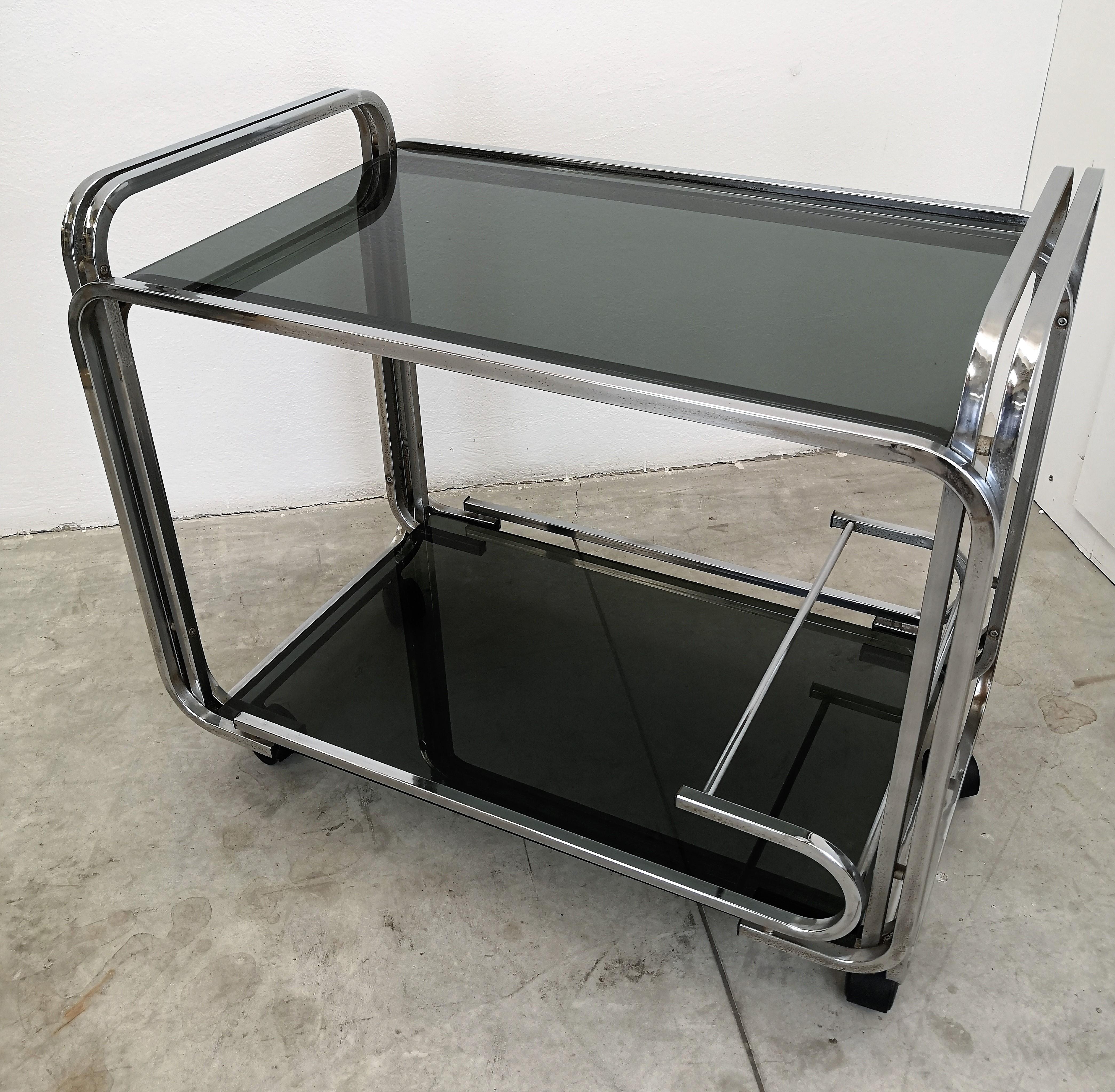 Italian Two-Tier Bauhaus Art Deco Chrome Metal Bar Cart with Dark Glasses, Italy, 1970s