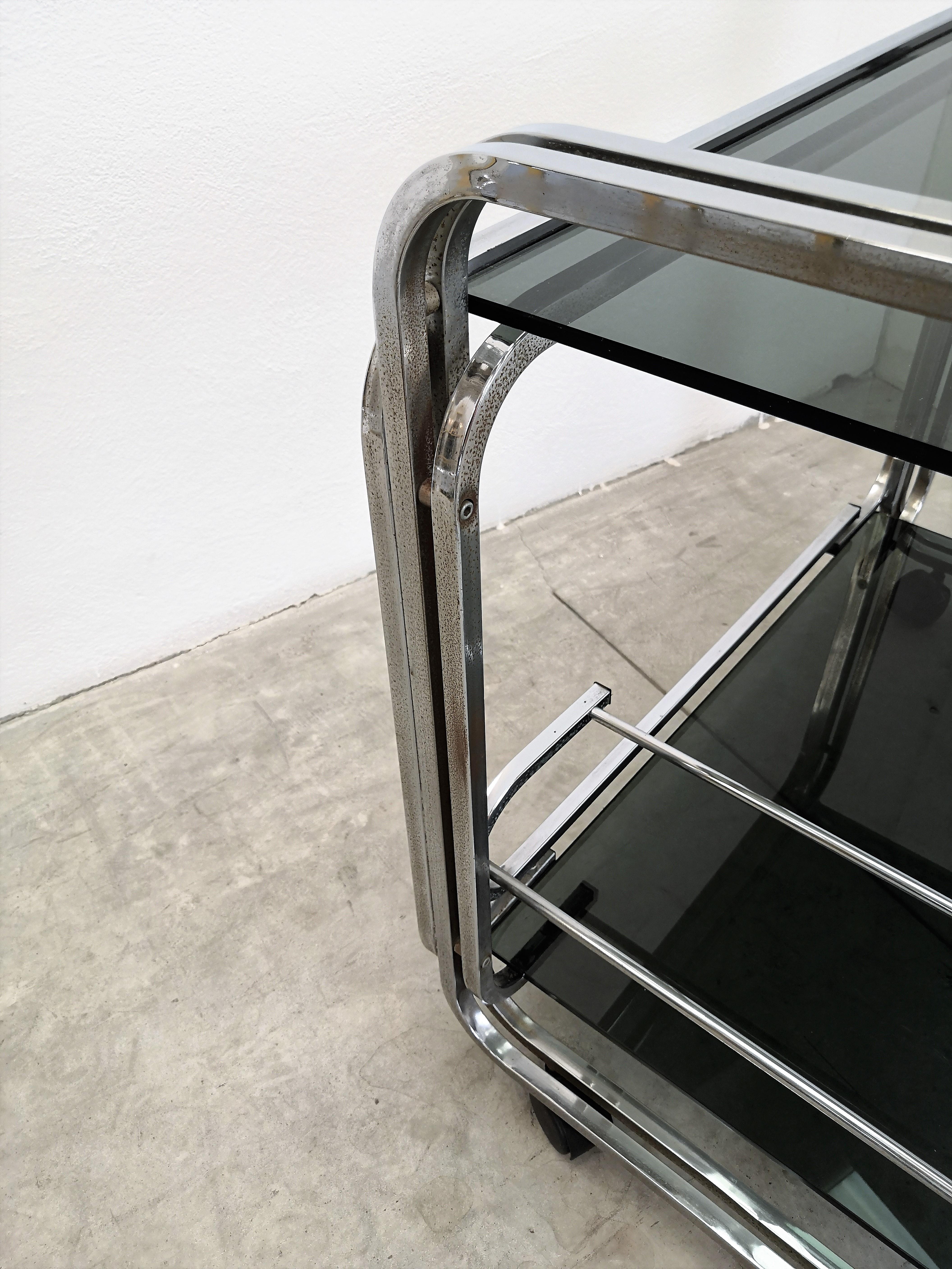 20th Century Two-Tier Bauhaus Art Deco Chrome Metal Bar Cart with Dark Glasses, Italy, 1970s