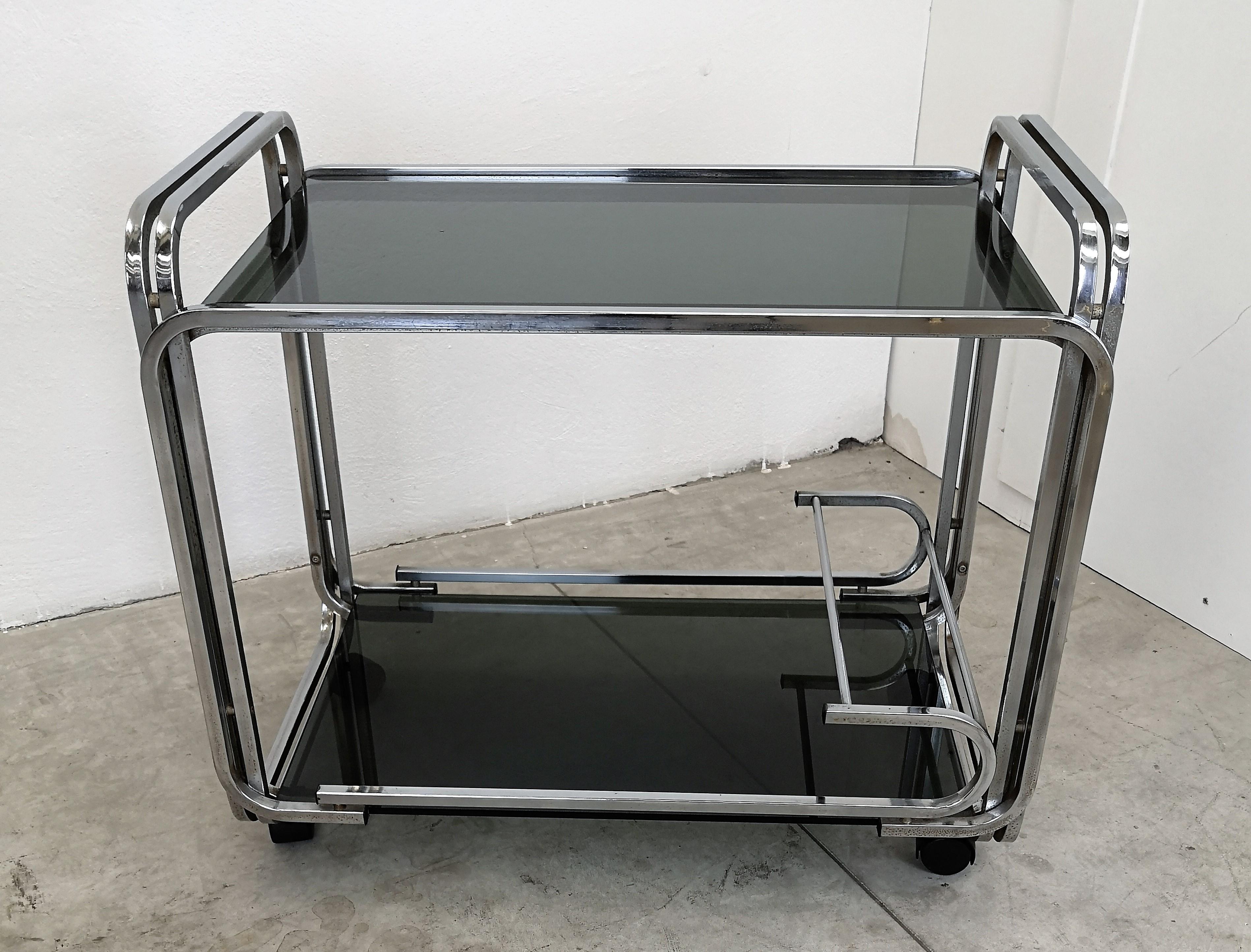 Two-Tier Bauhaus Art Deco Chrome Metal Bar Cart with Dark Glasses, Italy, 1970s 1