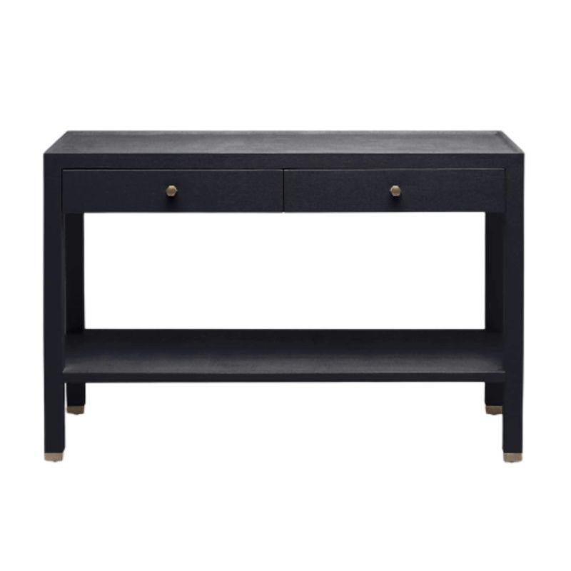 Two Tier Black Linen Console with Brass Detail In Good Condition For Sale In Locust Valley, NY