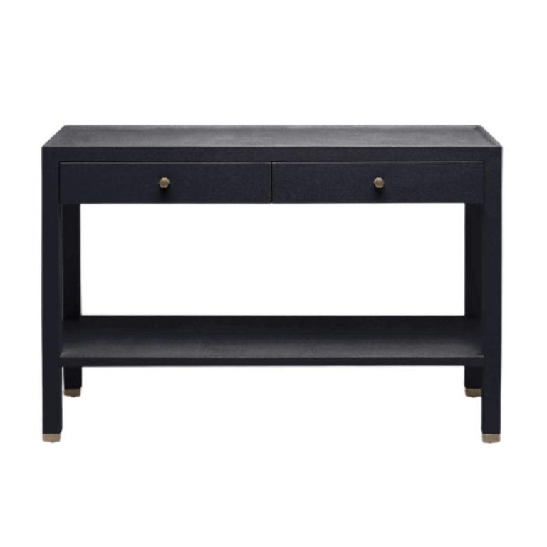 Two Tier Black Linen Console with Brass Detail For Sale at 1stDibs
