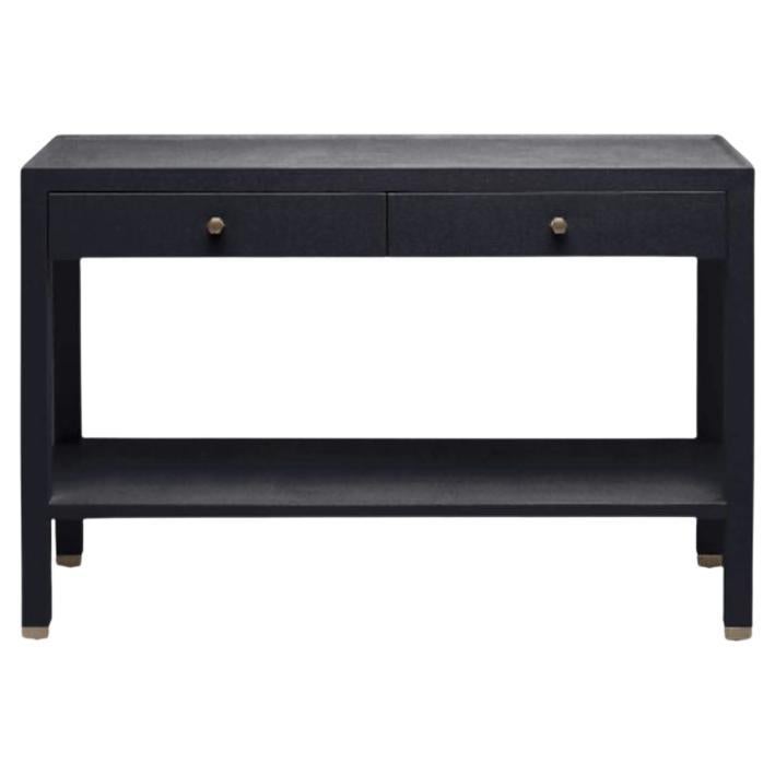 Two Tier Black Linen Console with Brass Detail For Sale