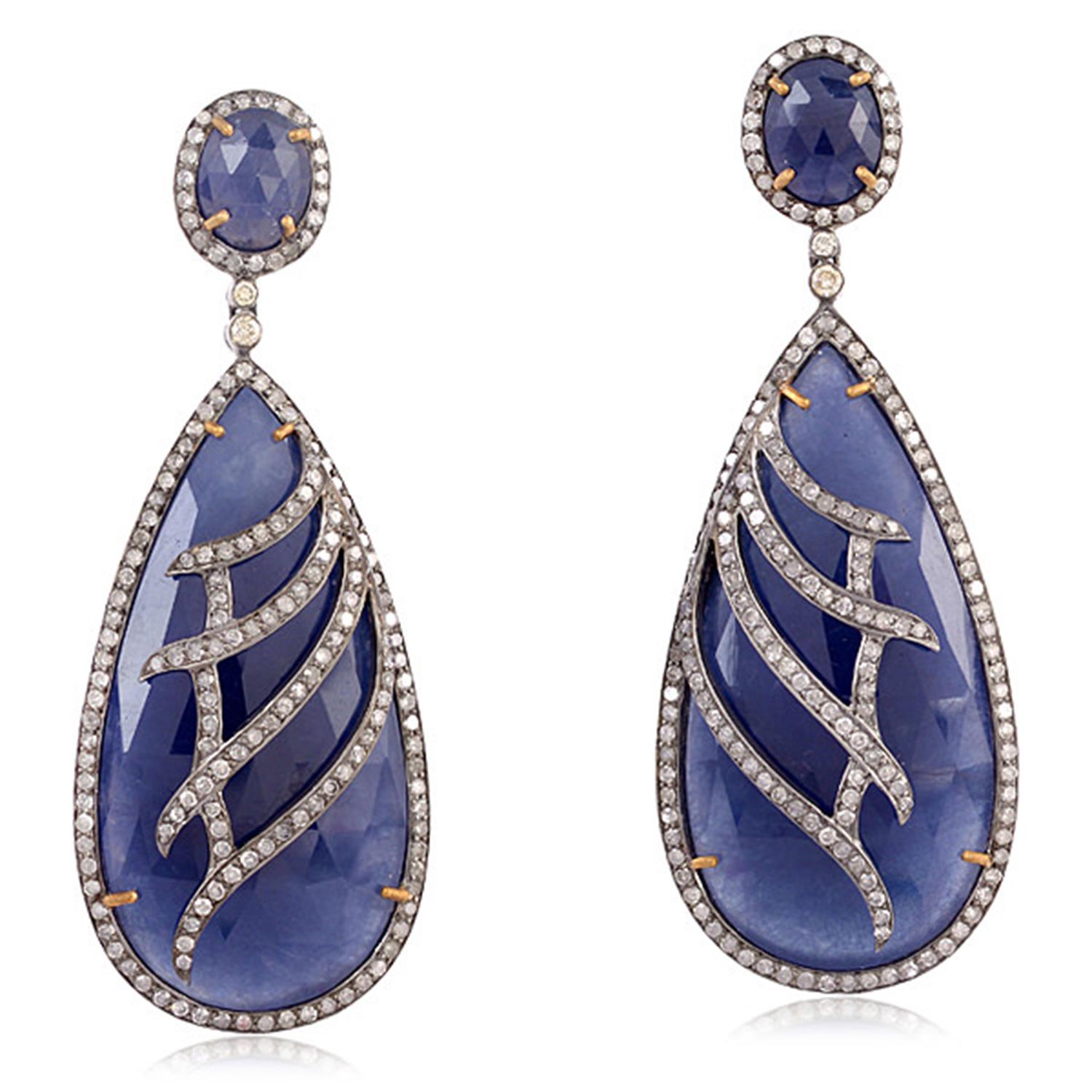 Mixed Cut Two Tier Blue Sapphire Dangle Earrings With Diamonds Lines On It For Sale