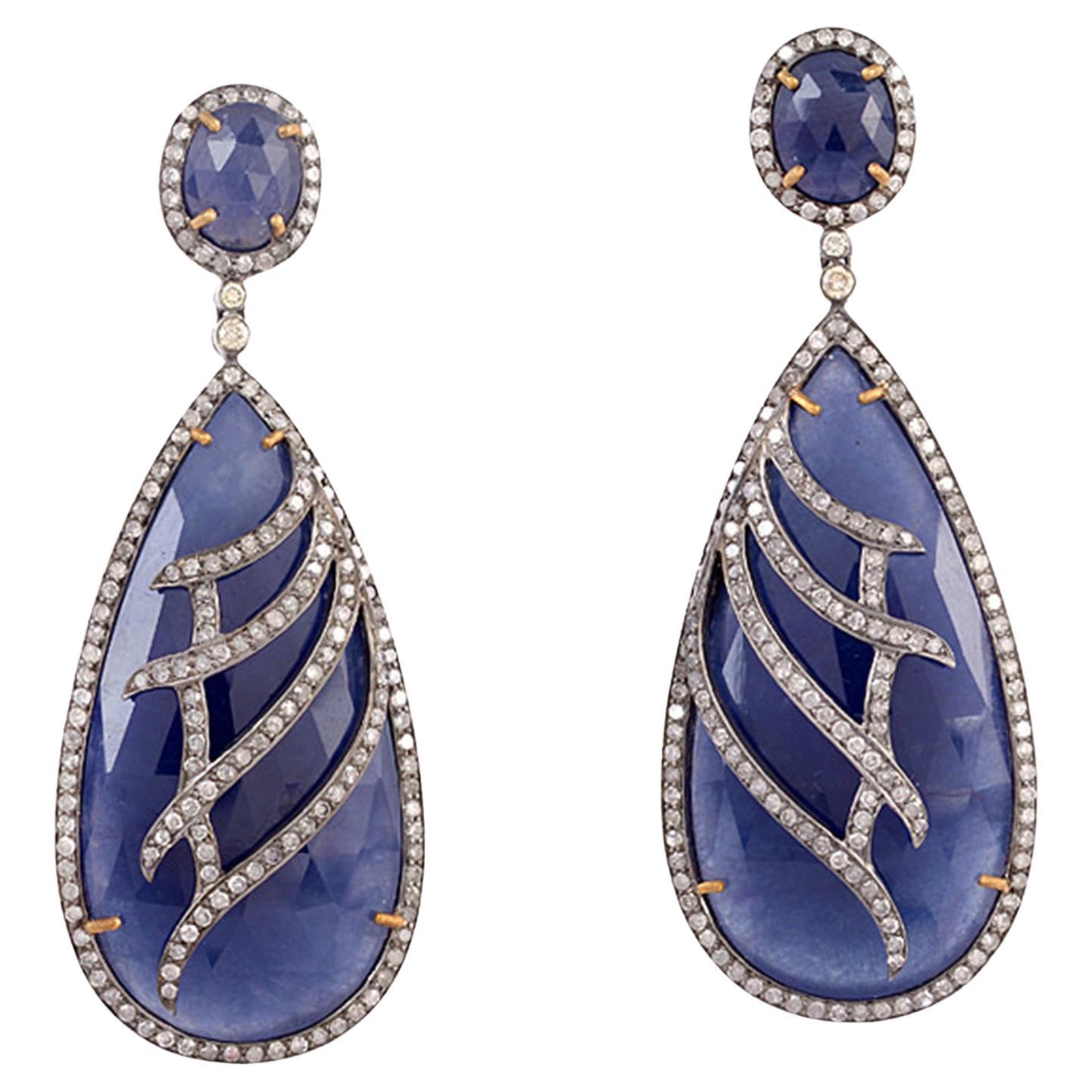Two Tier Blue Sapphire Dangle Earrings With Diamonds Lines On It For Sale