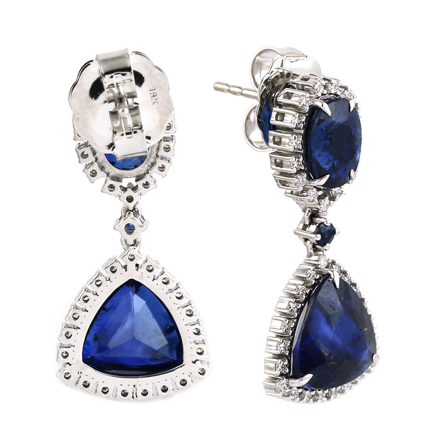 Art Deco Two Tier Blue Sapphire Dangle Earrings With Diamonds Made In 18k White Gold For Sale