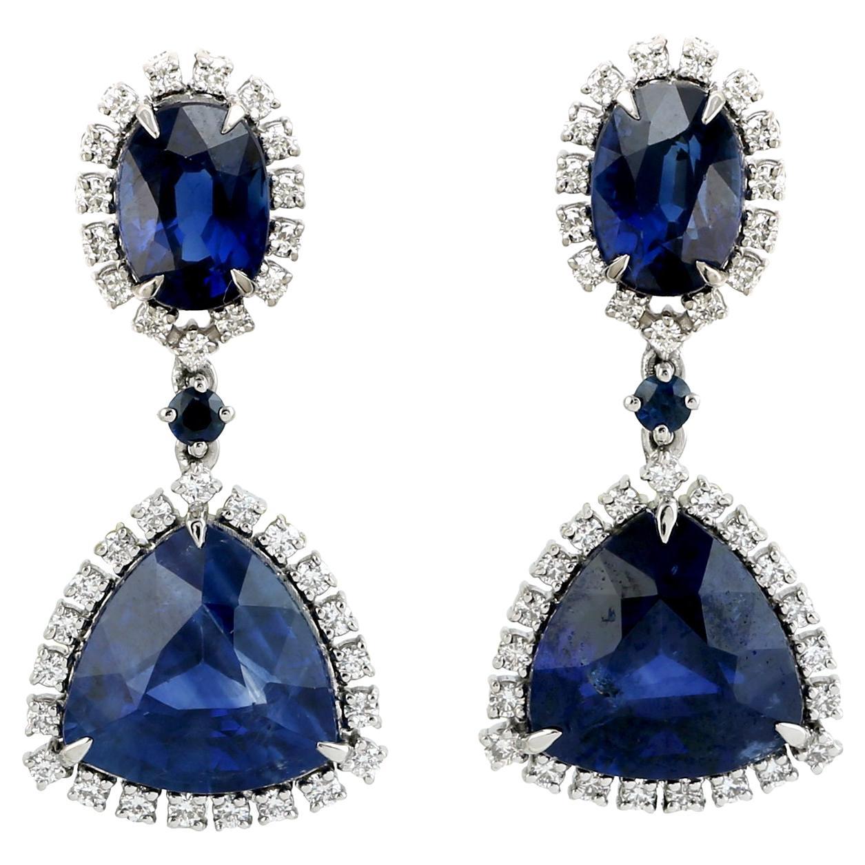 Two Tier Blue Sapphire Dangle Earrings With Diamonds Made In 18k White Gold