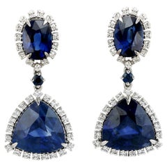 Two Tier Blue Sapphire Dangle Earrings With Diamonds Made In 18k White Gold