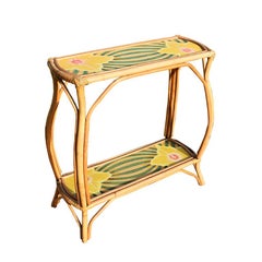 Two-Tier Bombé Bamboo Console Bar Cart Painted Floral Shelves Philippines, 1970s
