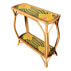 Two-Tier Bombé Bamboo Console Bar Cart Painted Floral Shelves Philippines, 1970s
