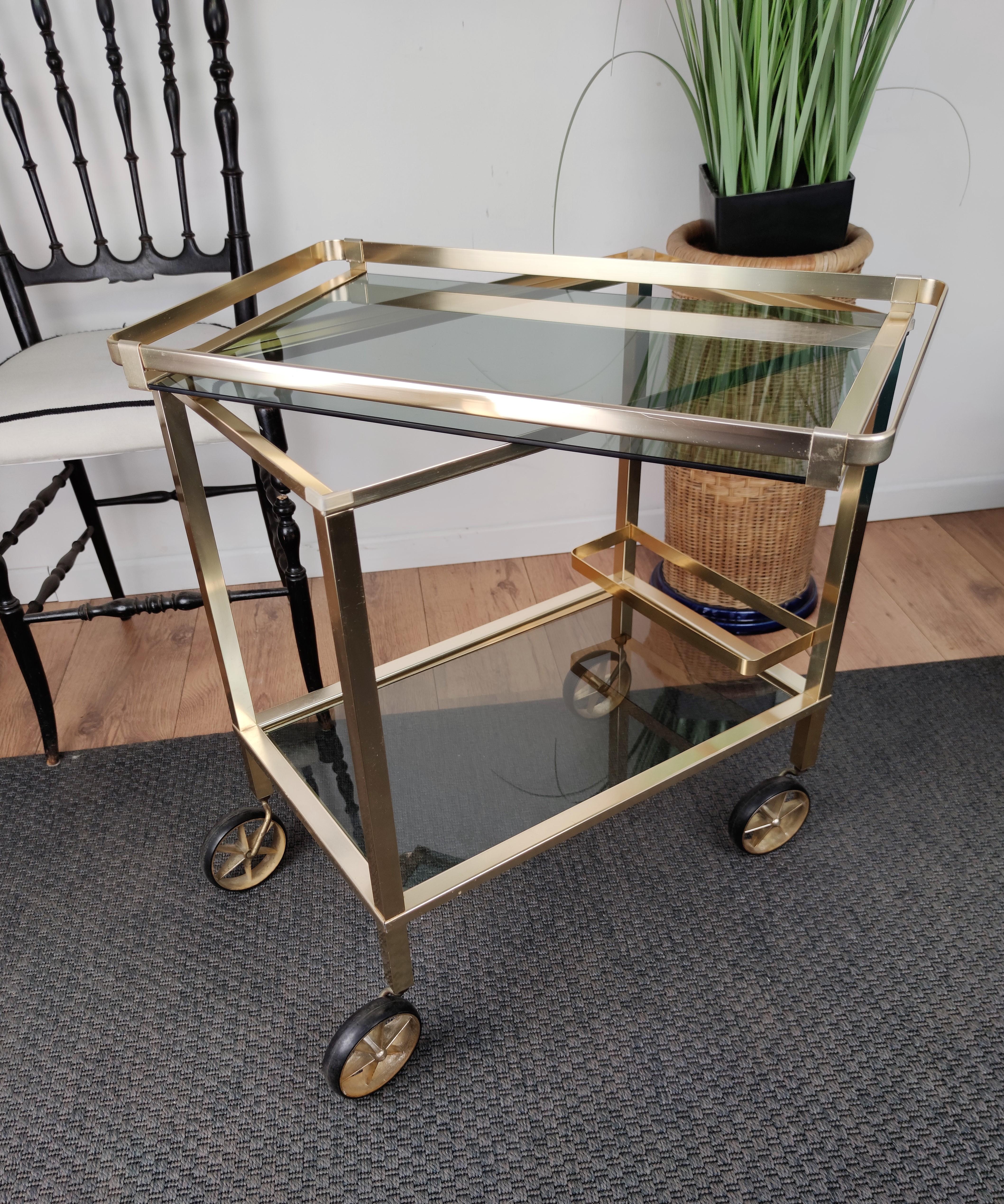 Italian Two-Tier Brass and Glass Bar Cart with Removable Top Tray, Italy, 1970s