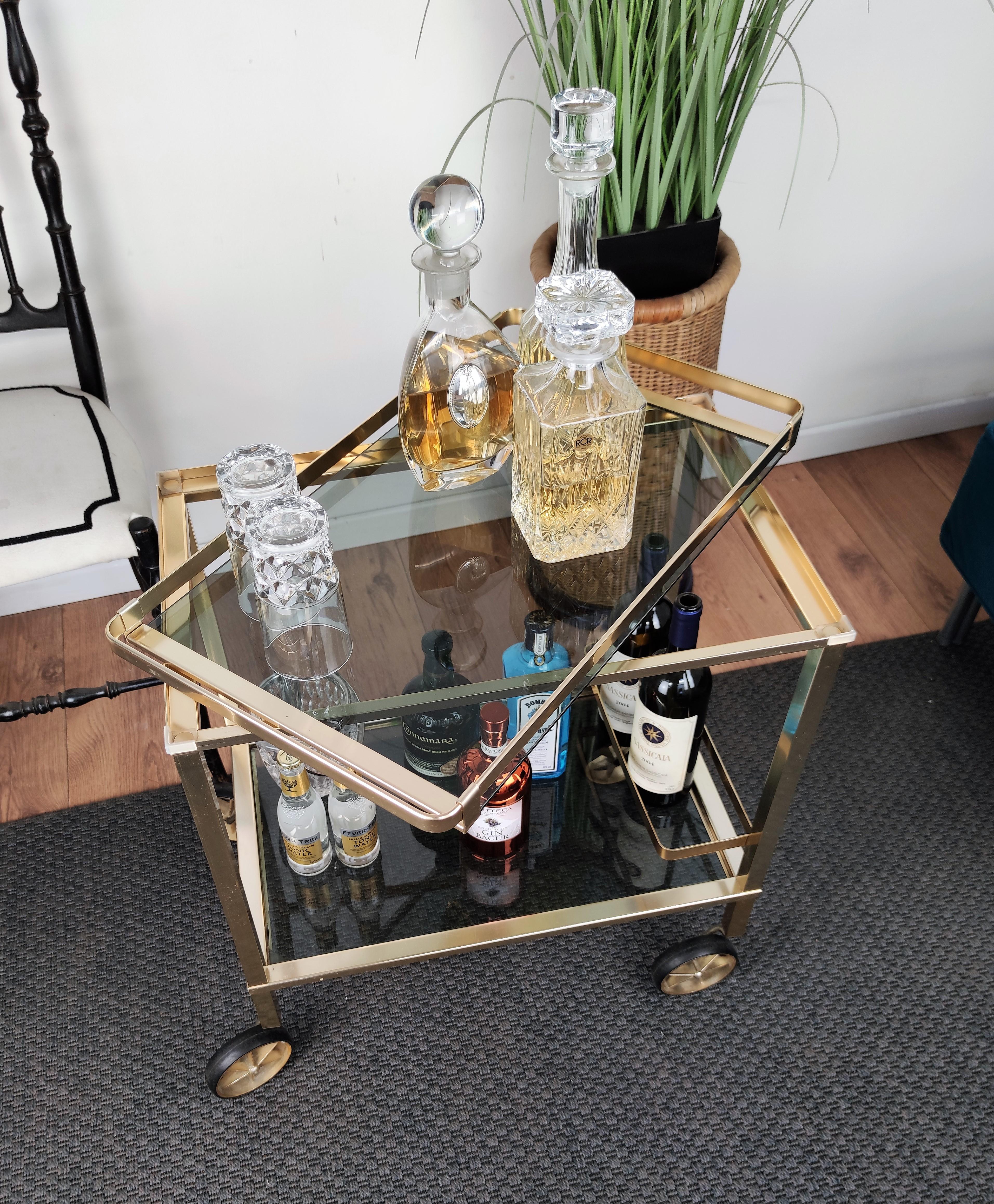 Two-Tier Brass and Glass Bar Cart with Removable Top Tray, Italy, 1970s 1