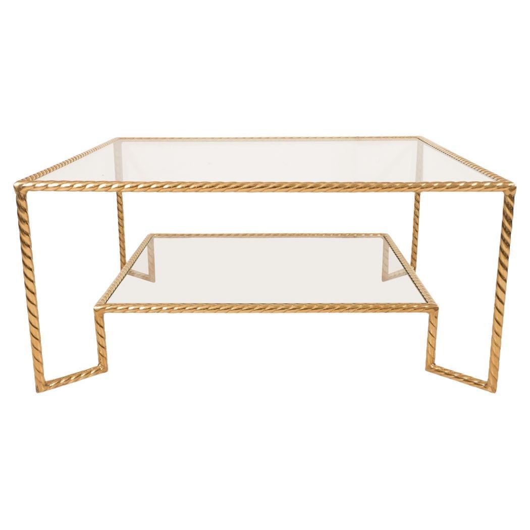 Two tier brass and glass coffee table For Sale