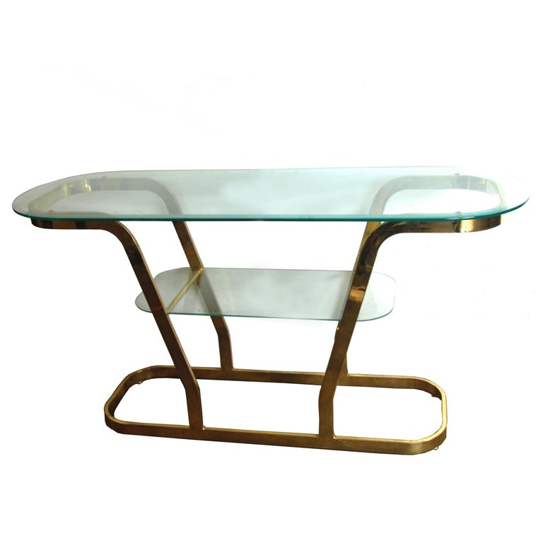 Two Tier Brass And Glass Console Sofa Table For Sale 1