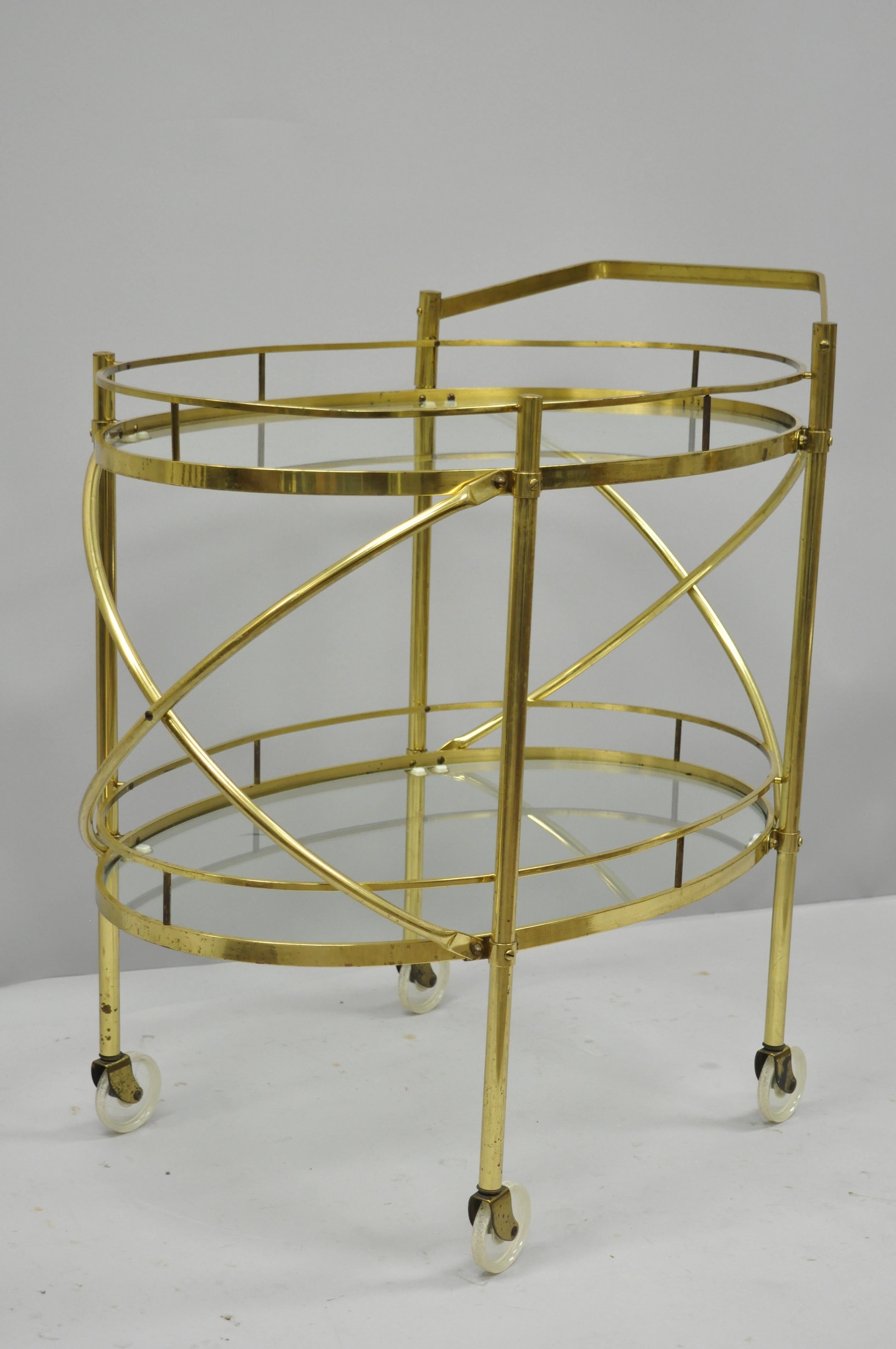 Two-Tier Brass and Glass Oval Bar Cart Mid-Century Modern Serving Trolley Table 4