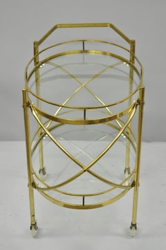 Two-Tier Brass and Glass Oval Bar Cart Mid-Century Modern Serving Trolley Table