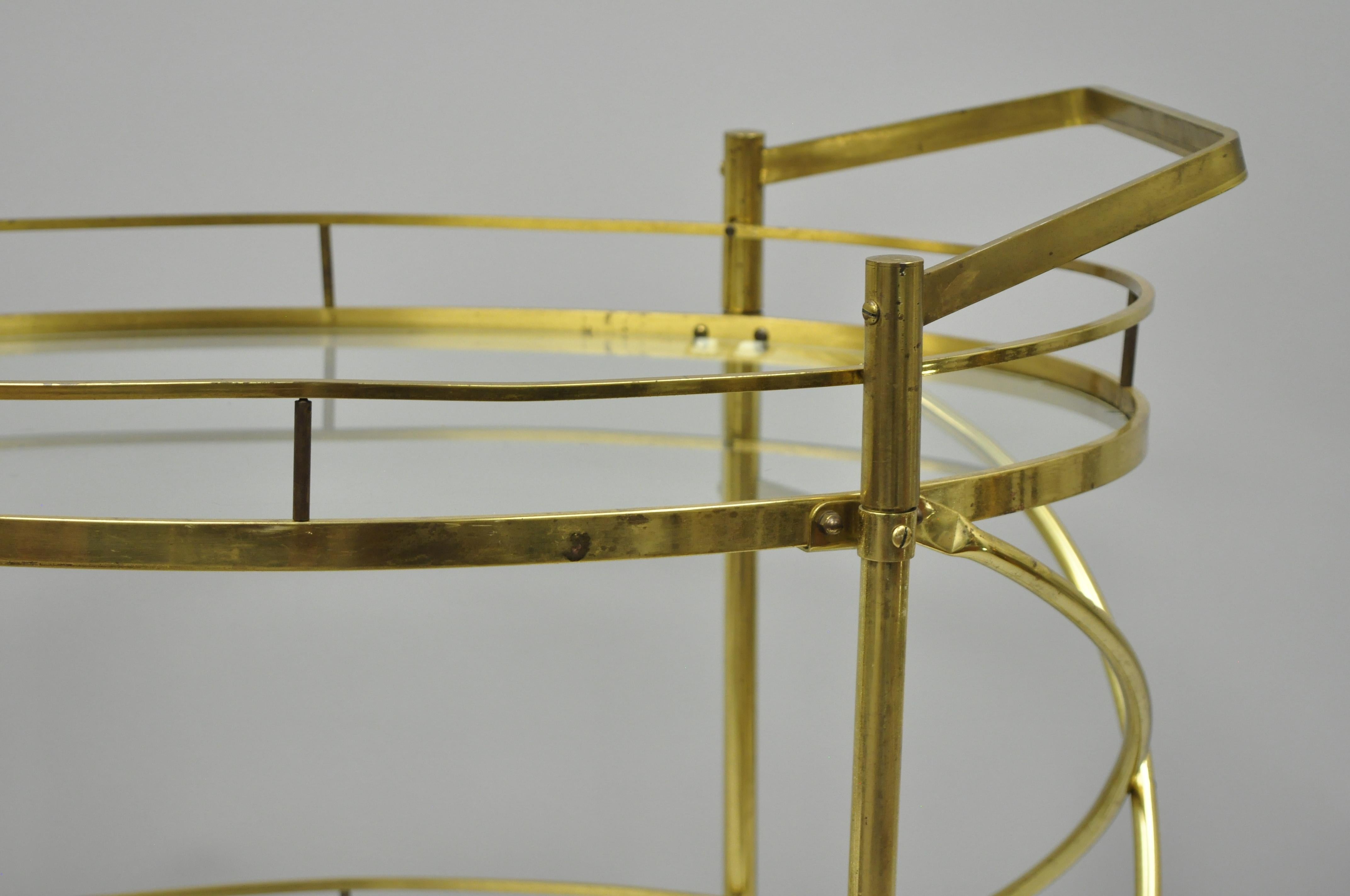 Two-Tier Brass and Glass Oval Bar Cart Mid-Century Modern Serving Trolley Table 1