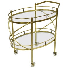 Two-Tier Brass and Glass Oval Bar Cart Mid-Century Modern Serving Trolley Table