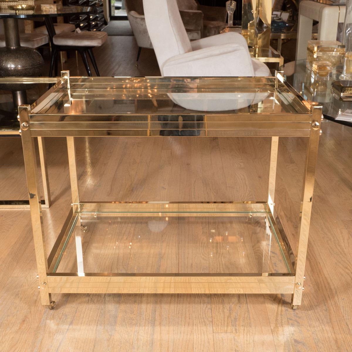 Mid-Century Modern Two tier brass and glass rolling bar cart  For Sale