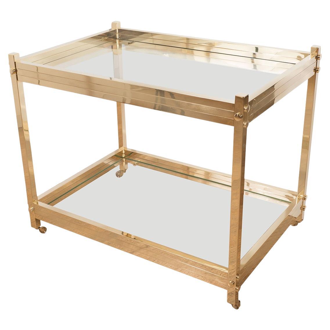 Two tier brass and glass rolling bar cart  For Sale
