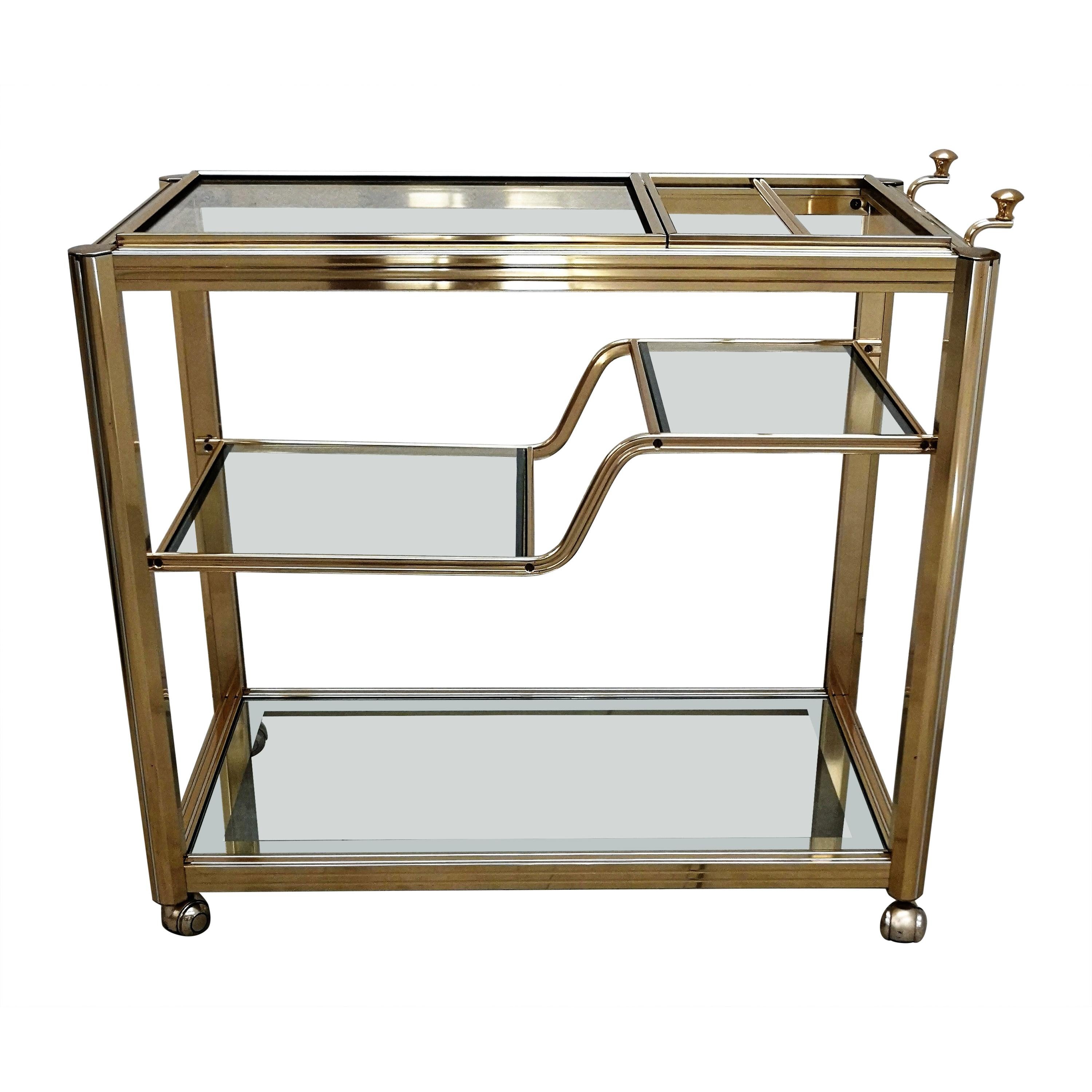 TwoTier Brass Bar Cart with Mirrored Frame Glasses, Italy, 1970s at