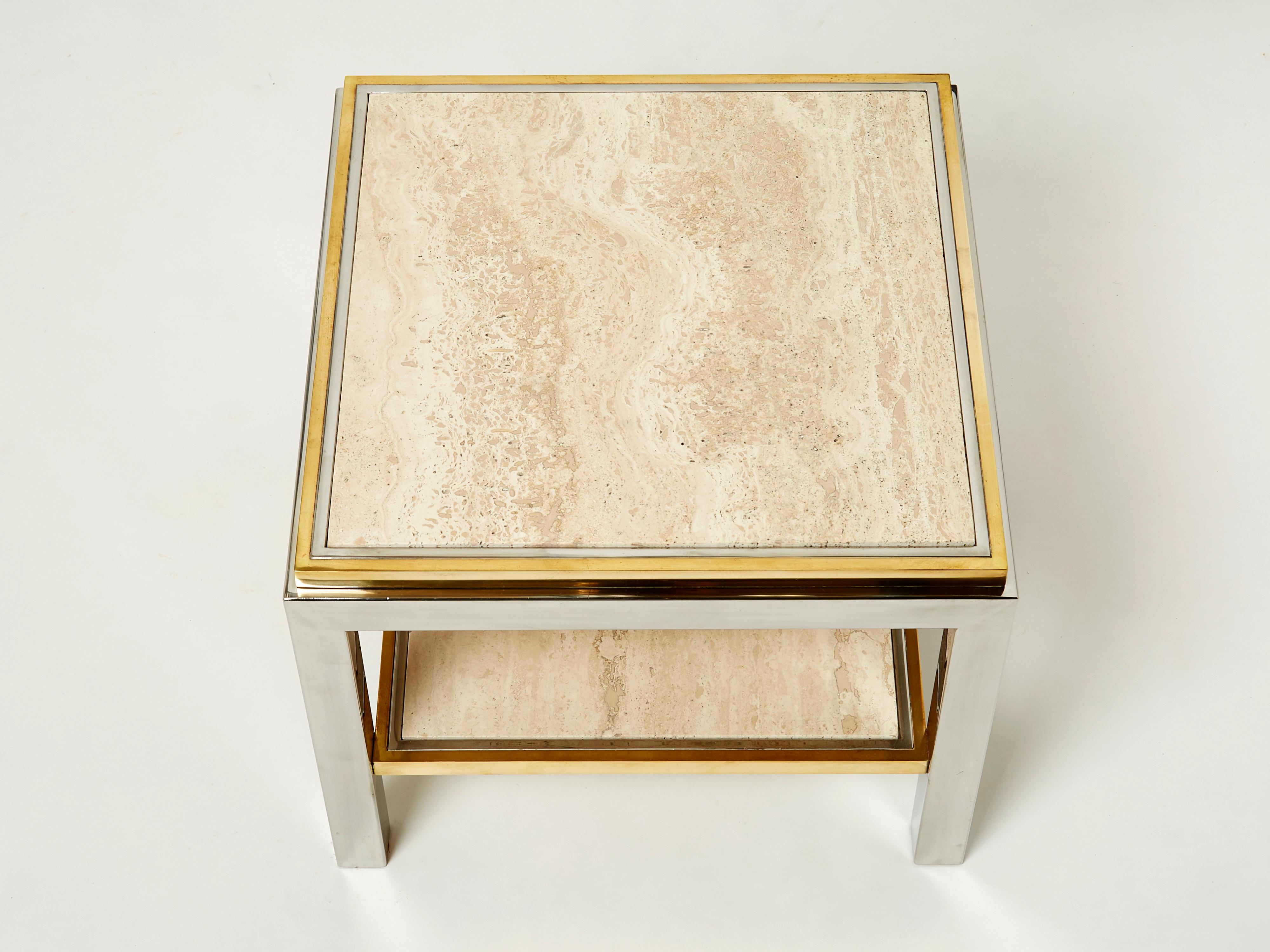 Mid-Century Modern Two-Tier Brass Chrome Travertine End Table Willy Rizzo Flaminia 1970s For Sale