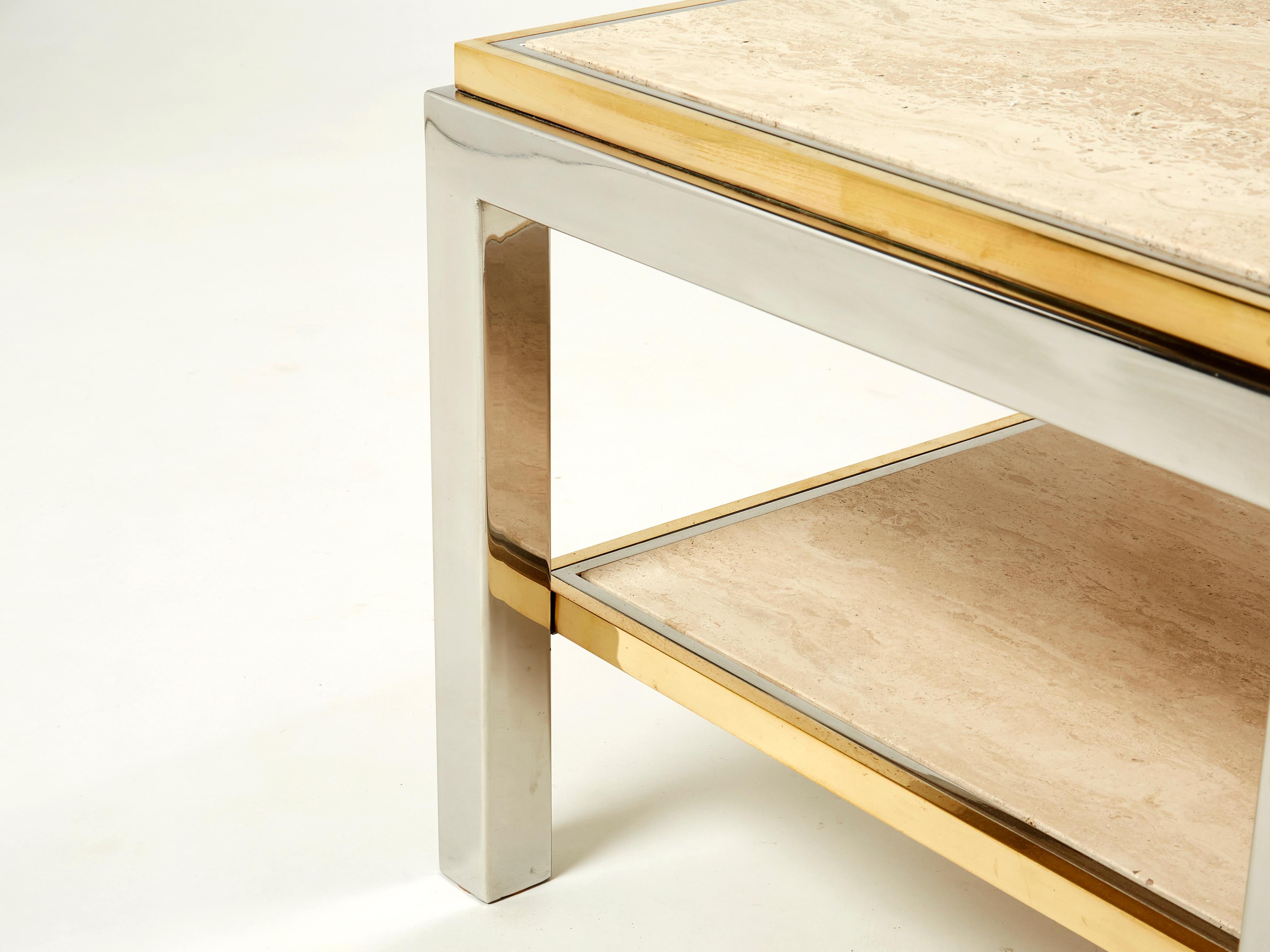 Two-Tier Brass Chrome Travertine End Table Willy Rizzo Flaminia 1970s In Good Condition For Sale In Paris, IDF