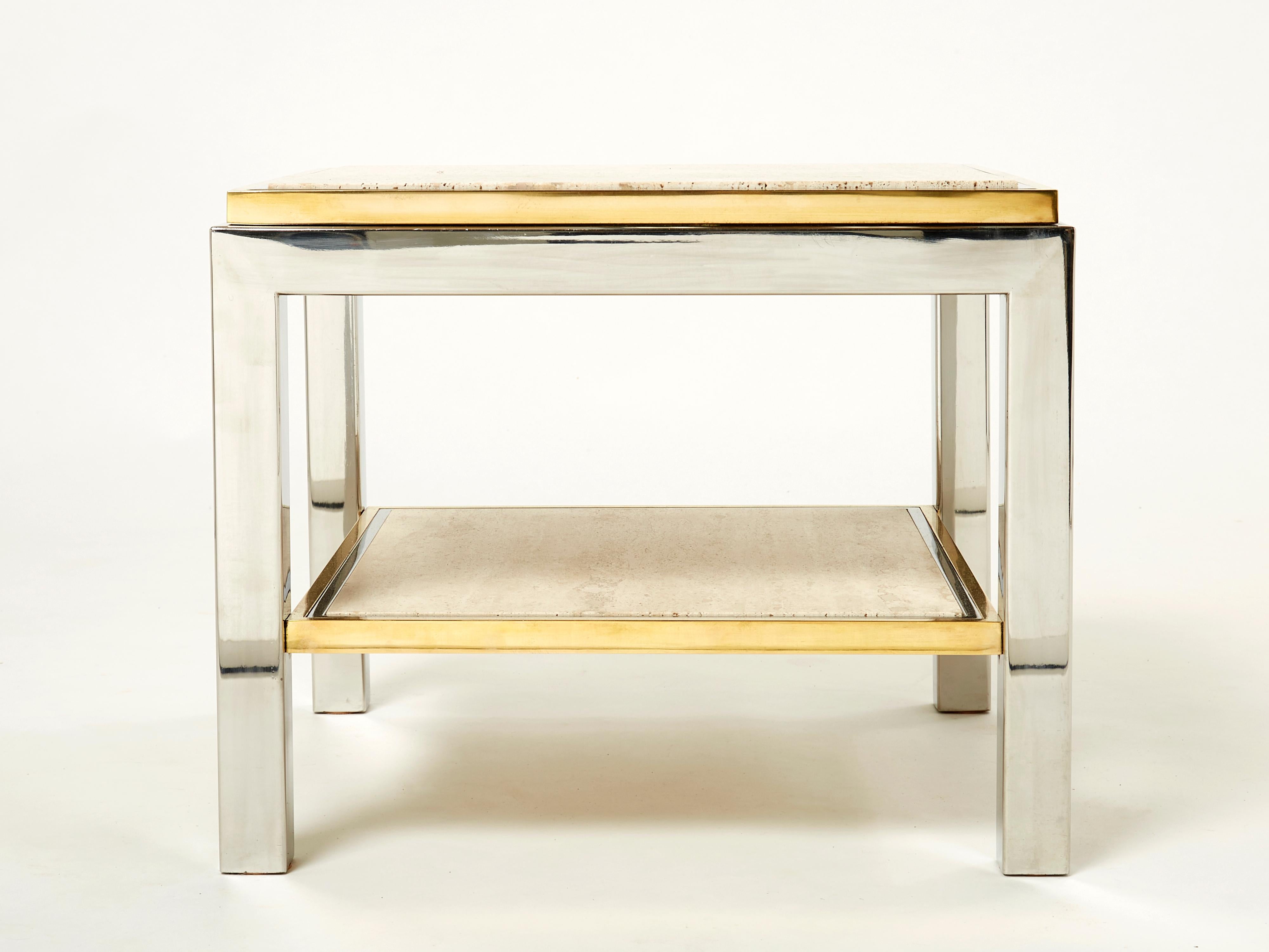 Late 20th Century Two-Tier Brass Chrome Travertine End Table Willy Rizzo Flaminia 1970s For Sale