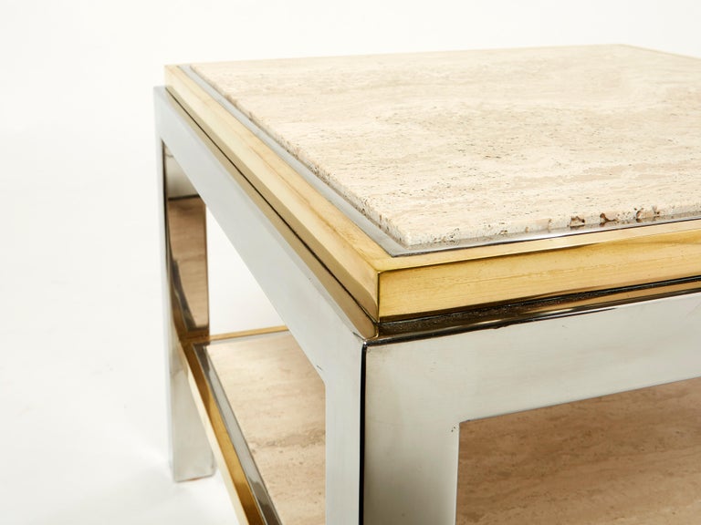 Two-Tier Brass Chrome Travertine End Table Willy Rizzo Flaminia 1970s For Sale 3